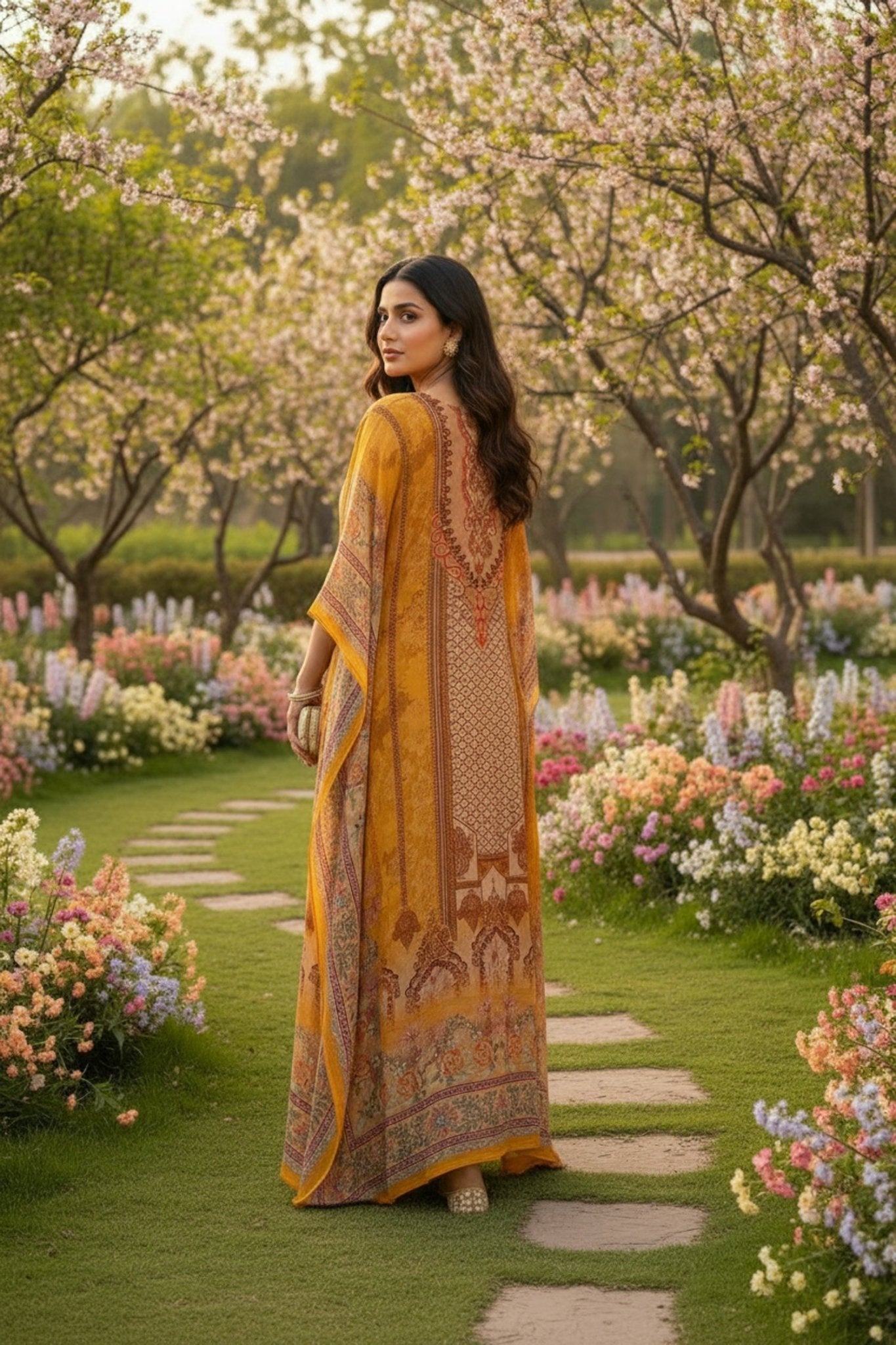 Golden Grace Long Printed Kaftan - Freyaa USA & Canada