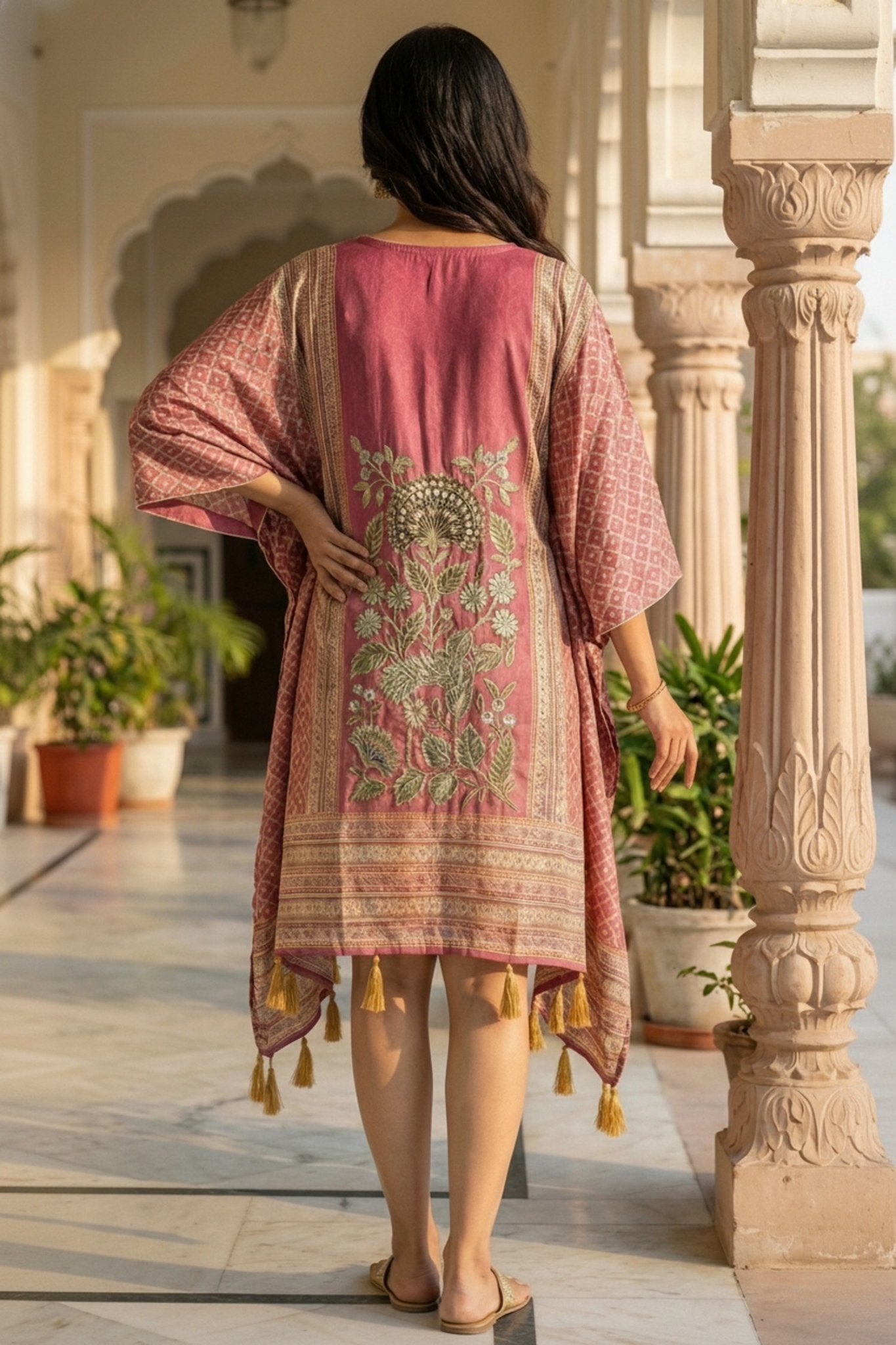 Burgundy Printed Viscose Short Kaftan - Freyaa USA & Canada