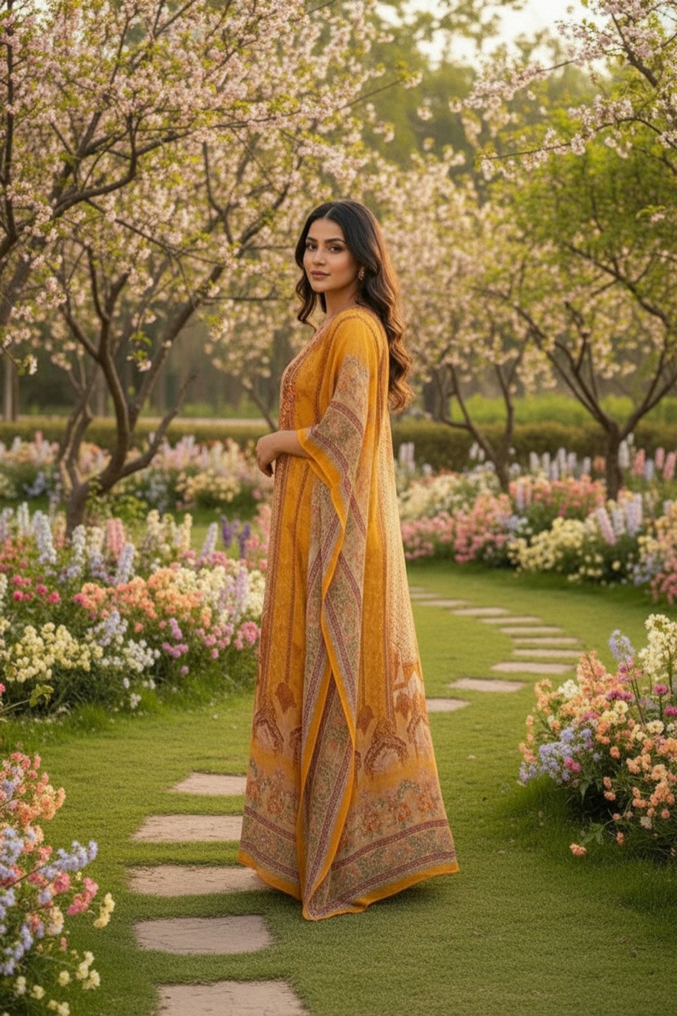 Golden Grace Long Printed Kaftan - Freyaa USA & Canada