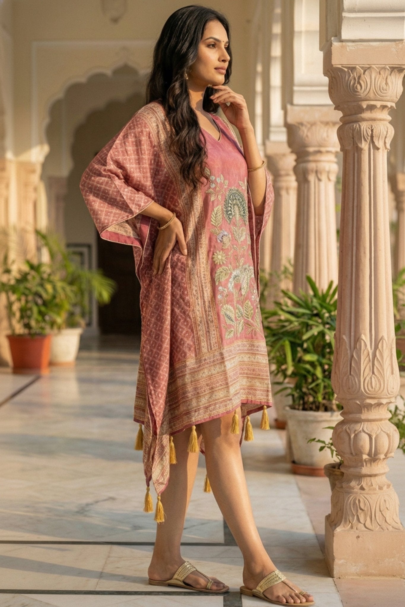 Burgundy Printed Viscose Short Kaftan - Freyaa USA & Canada