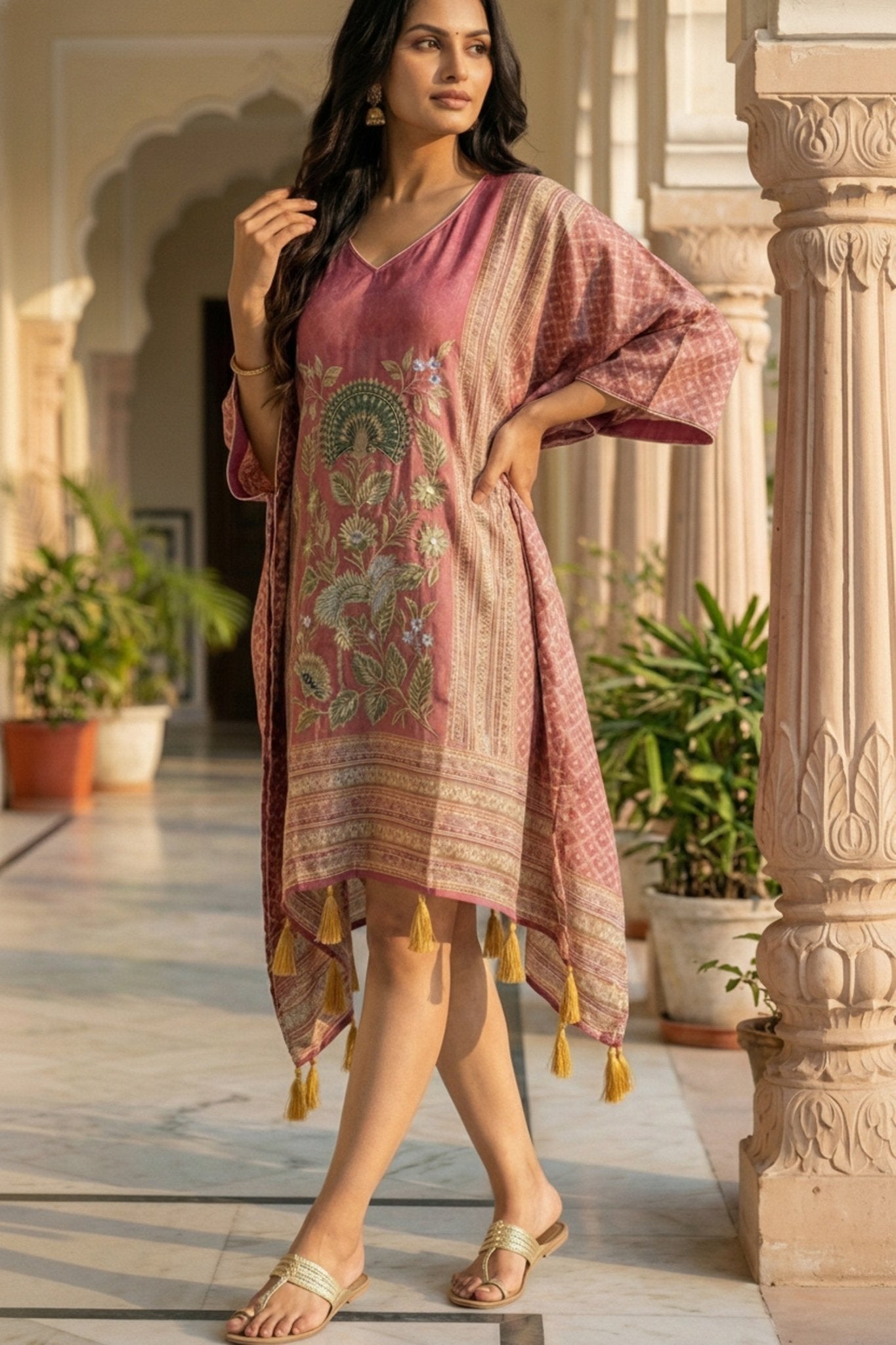 Burgundy Printed Viscose Short Kaftan - Freyaa USA & Canada