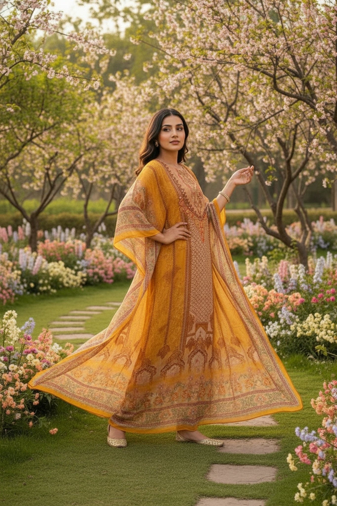 Golden Grace Long Printed Kaftan - Freyaa USA & Canada