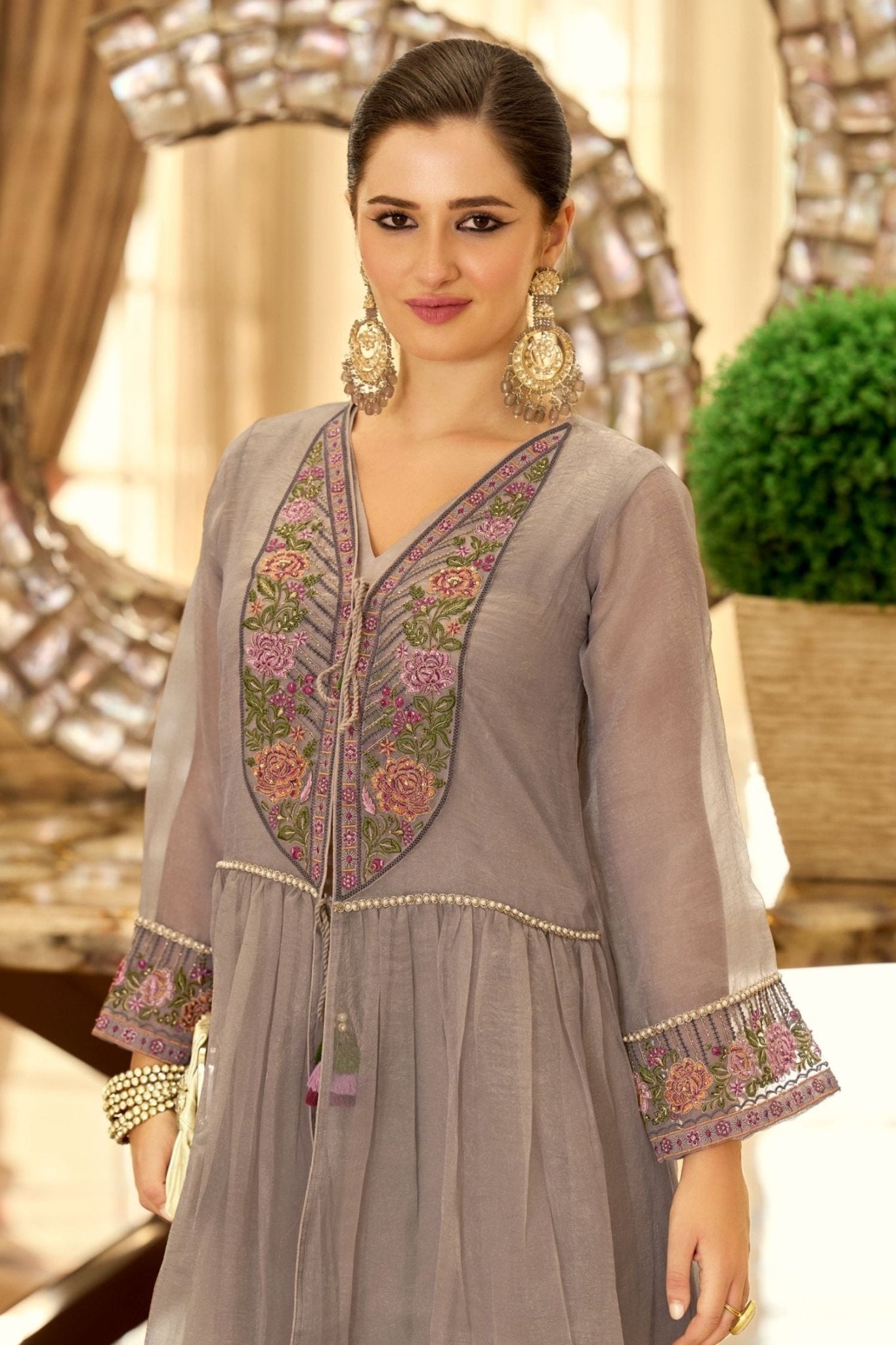 Elegant Brown Embroidered Cord Set With Lace Sleeves - Freyaa USA & Canada