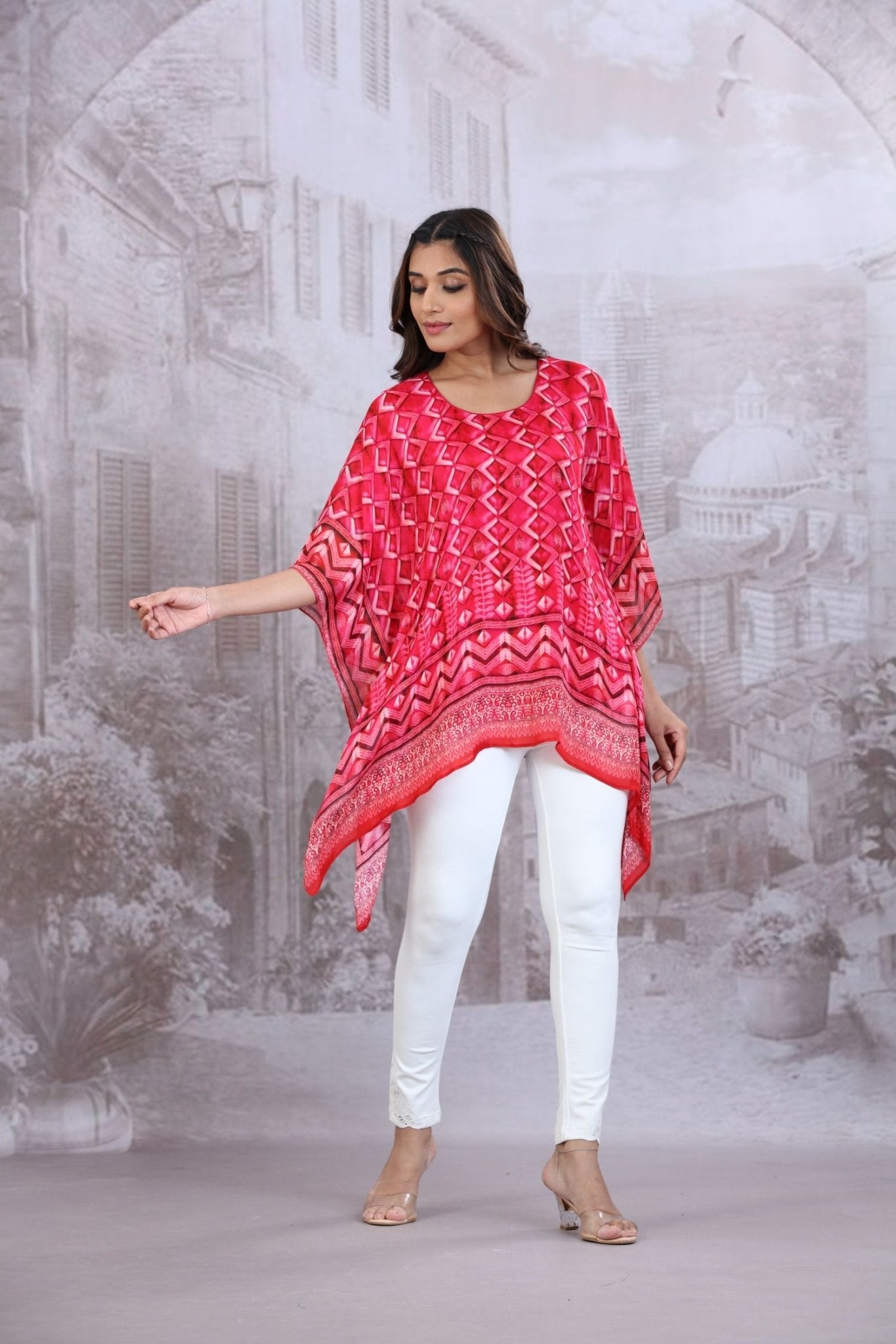 Pink Short Kaftan With Round Neck - Freyaa USA & Canada
