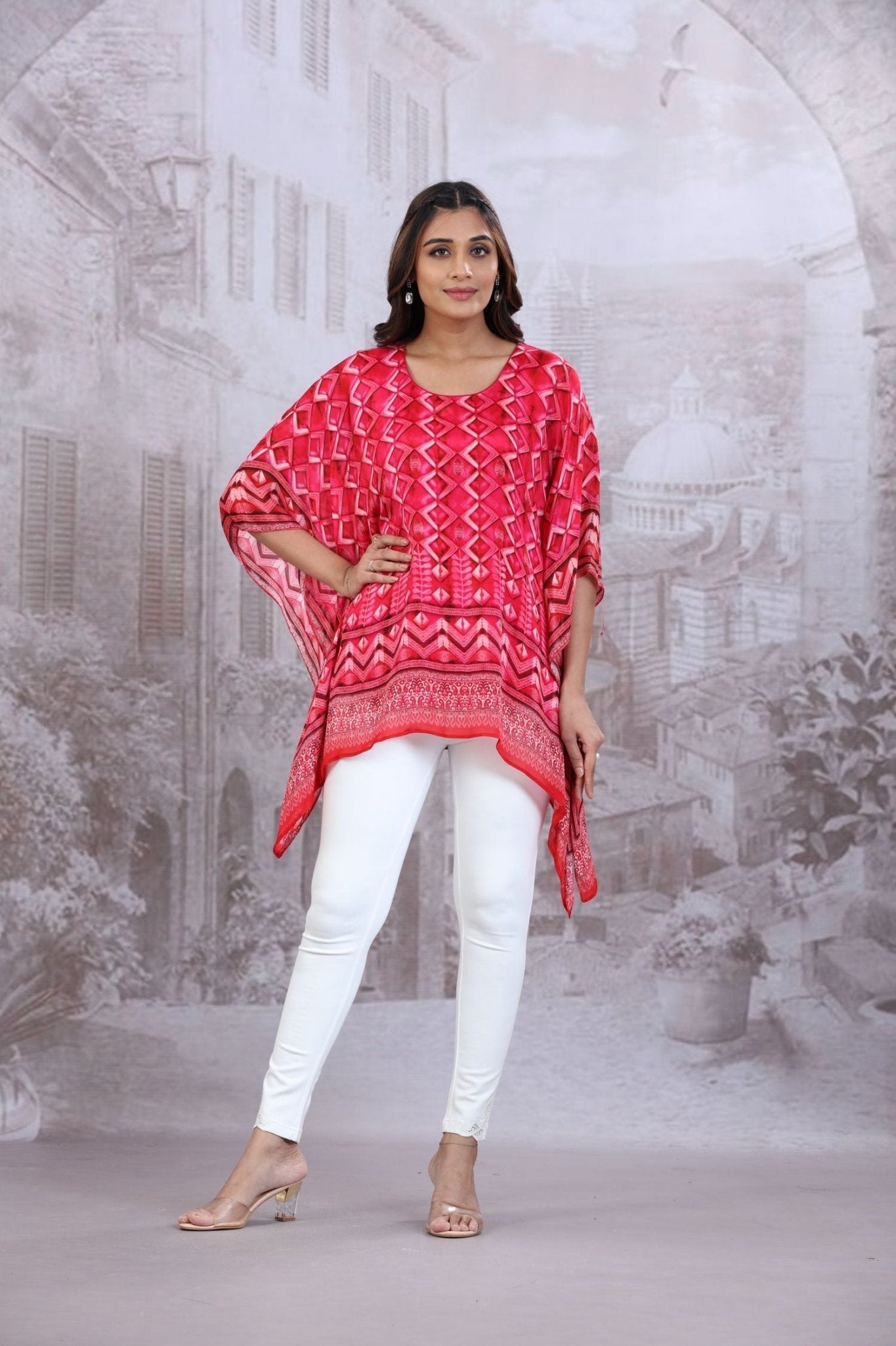 Pink Short Kaftan With Round Neck - Freyaa USA & Canada
