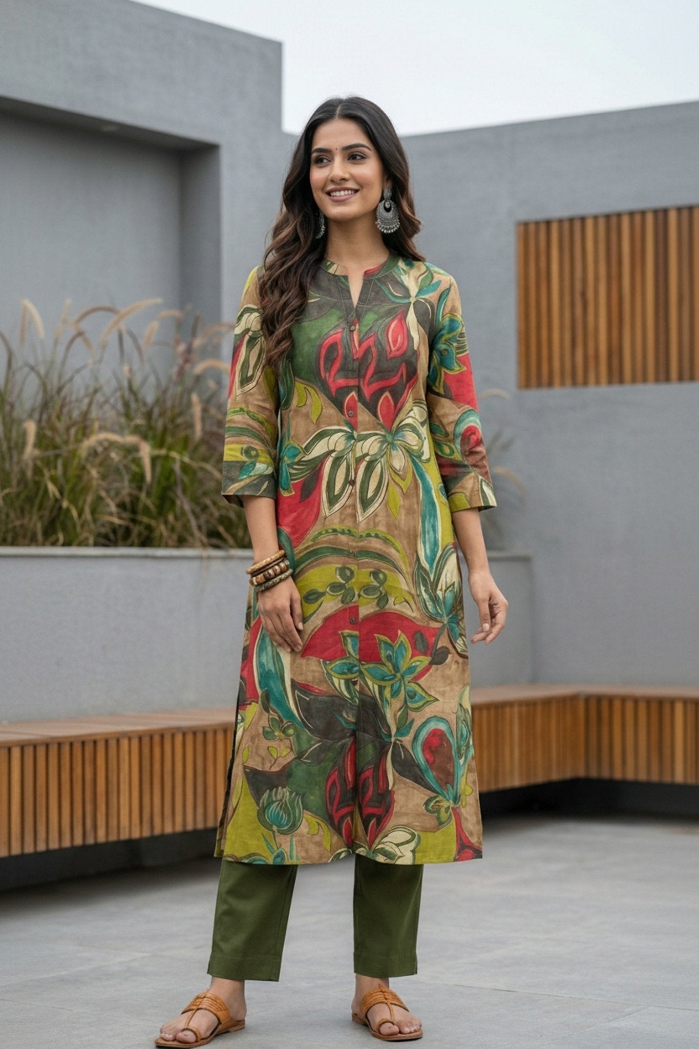 Vibrant Green Artistic Design Cotton Long Kurti - Freyaa USA & Canada