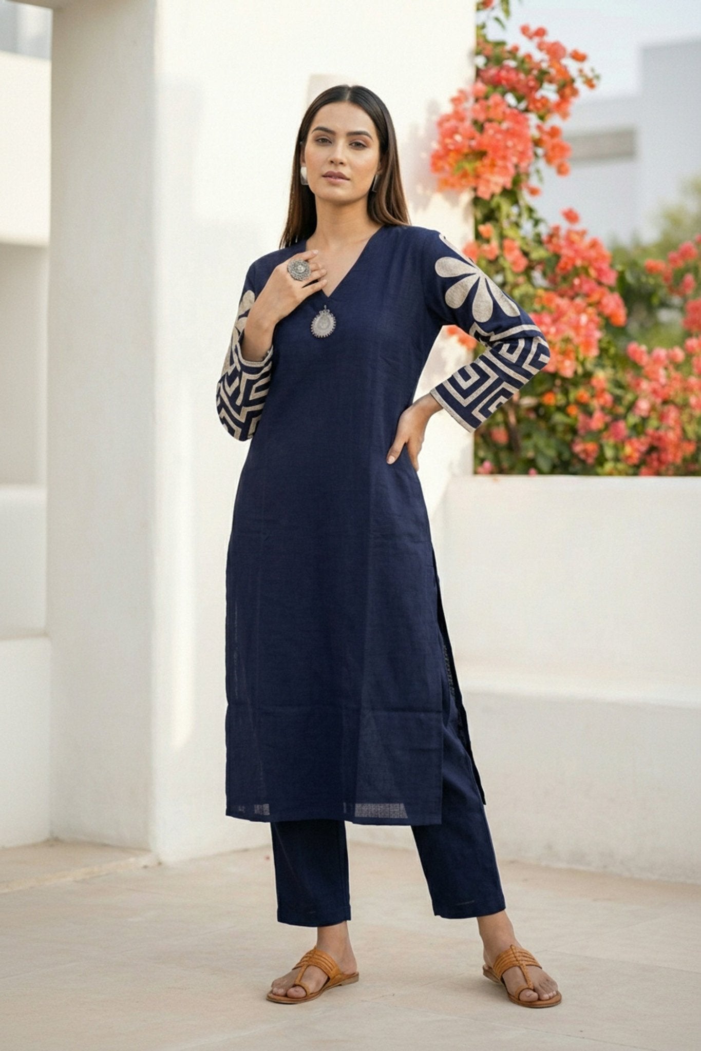 Navy Blue Co-ord Set with Embroidered Sleeves - Freyaa USA & Canada