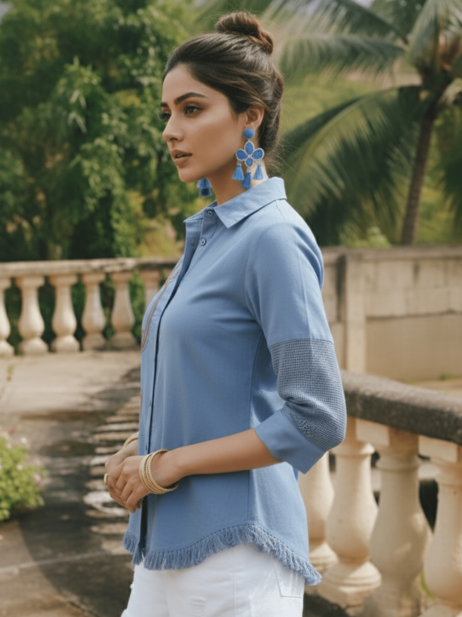 Blue Embroidered Love Shirt with Fringe Hem - Freyaa USA & Canada