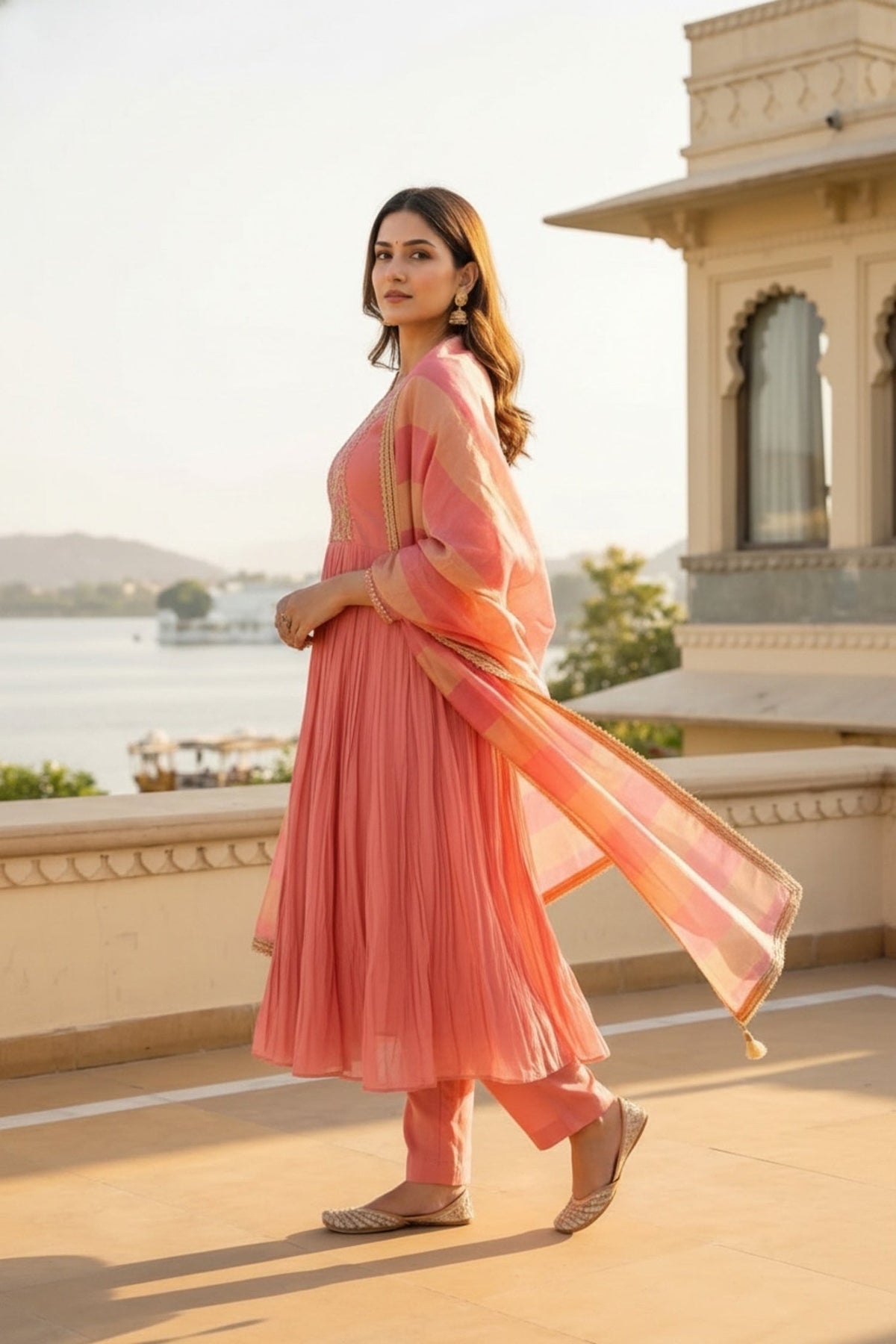 Peach Cotton Three-Piece Set with Thread Embroidery - Freyaa USA & Canada