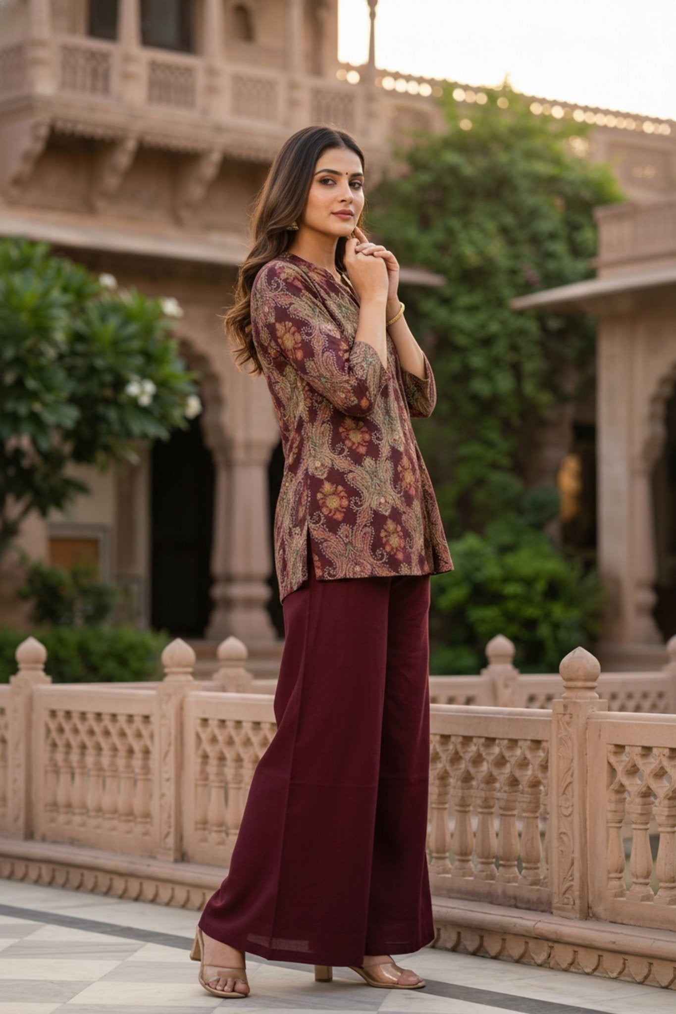 Maroon Printed Top Co-ord Set with Solid Bottom - Freyaa USA & Canada