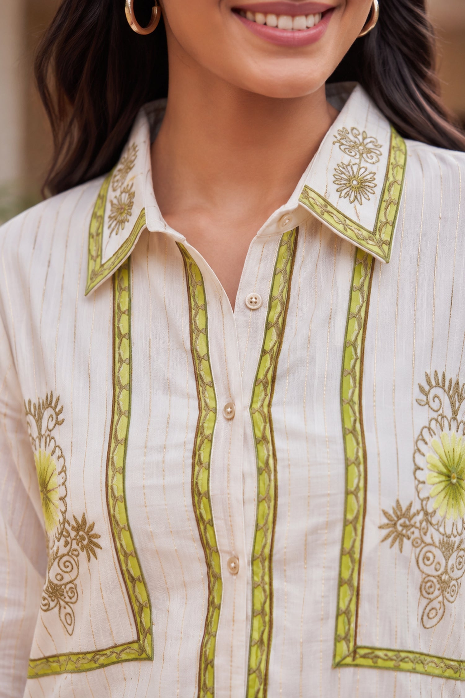 Ivory Lime Floral Embroidered Tunic Dress