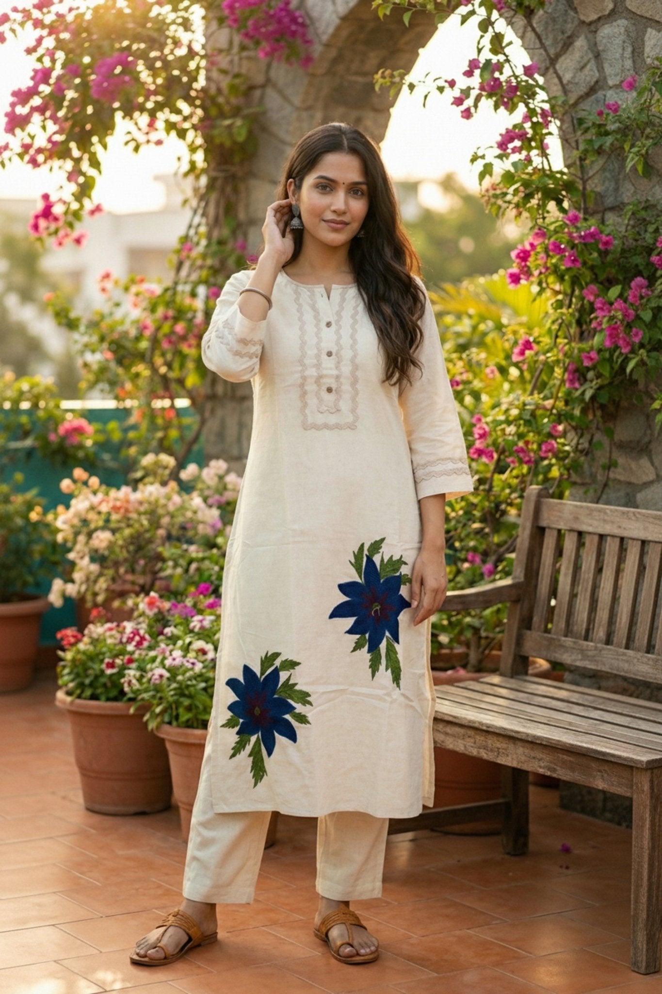 Off-White Floral Print Cotton Cord Set - Freyaa USA & Canada