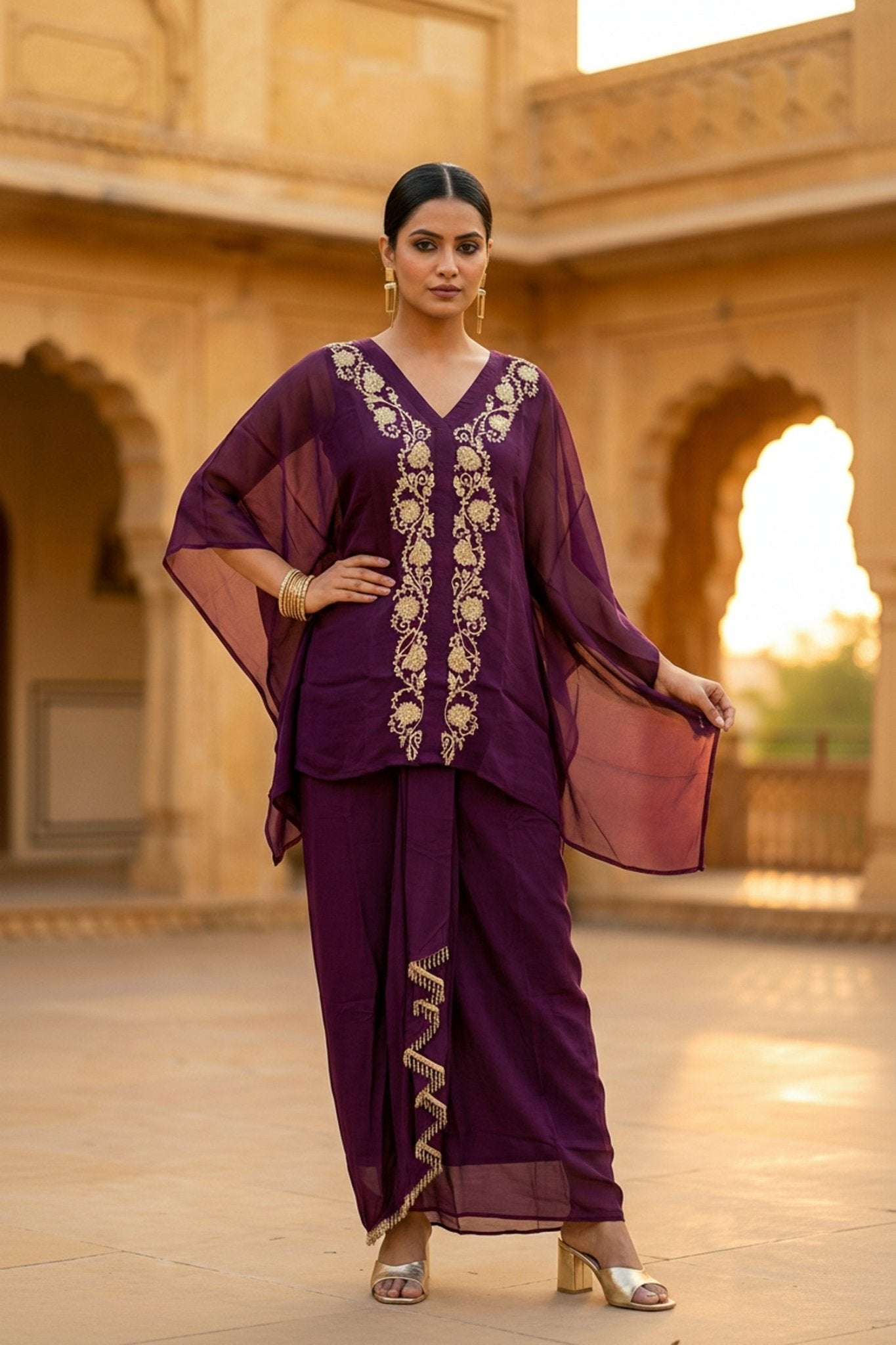 Wine Embroidered Dhoti Style Co-ord Set - Freyaa USA & Canada