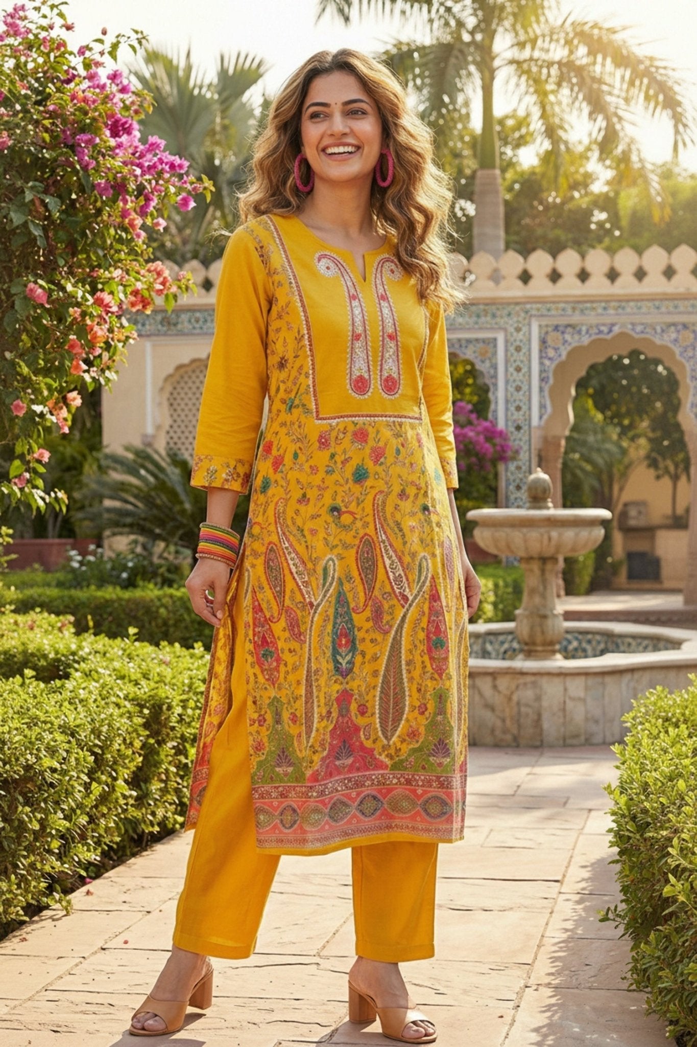 Mustard Digital Printed Cotton Cord Set - Freyaa USA & Canada