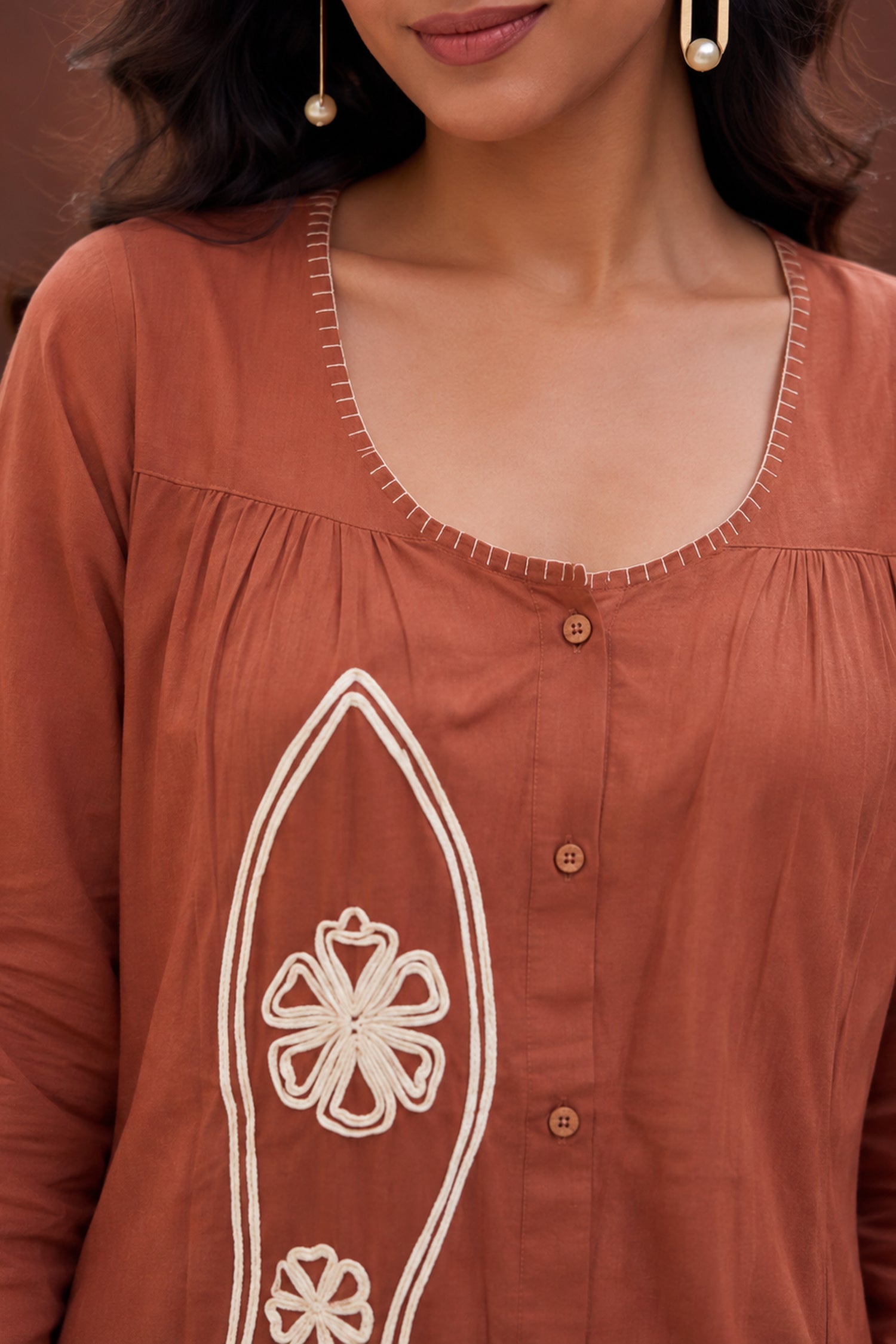 Rust Brown Floral Embroidered Shirt Dress