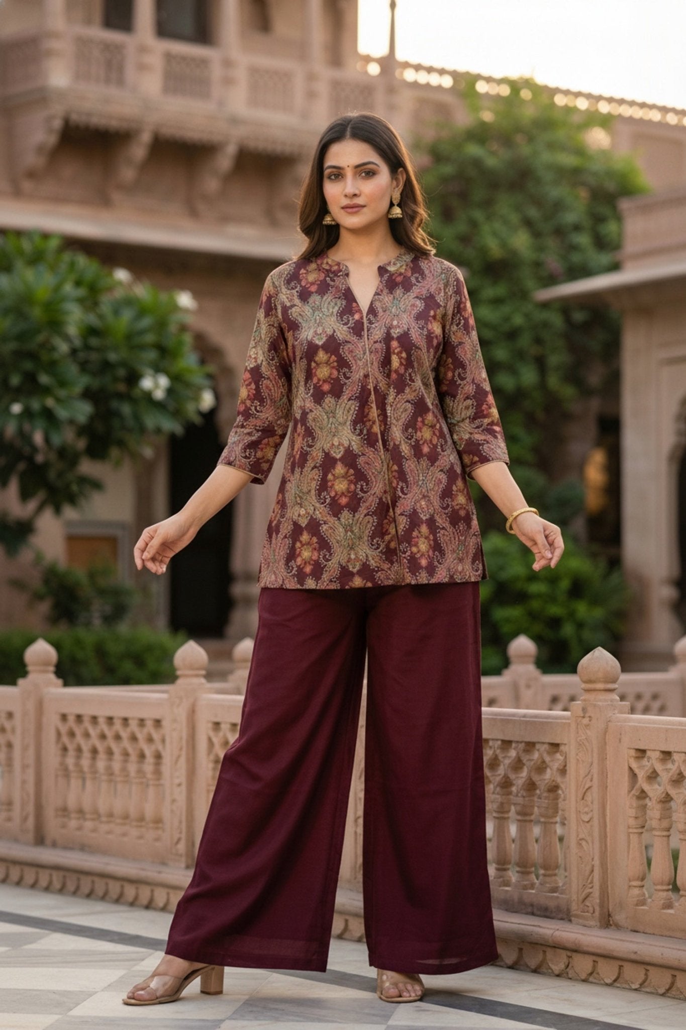 Maroon Printed Top Co-ord Set with Solid Bottom - Freyaa USA & Canada