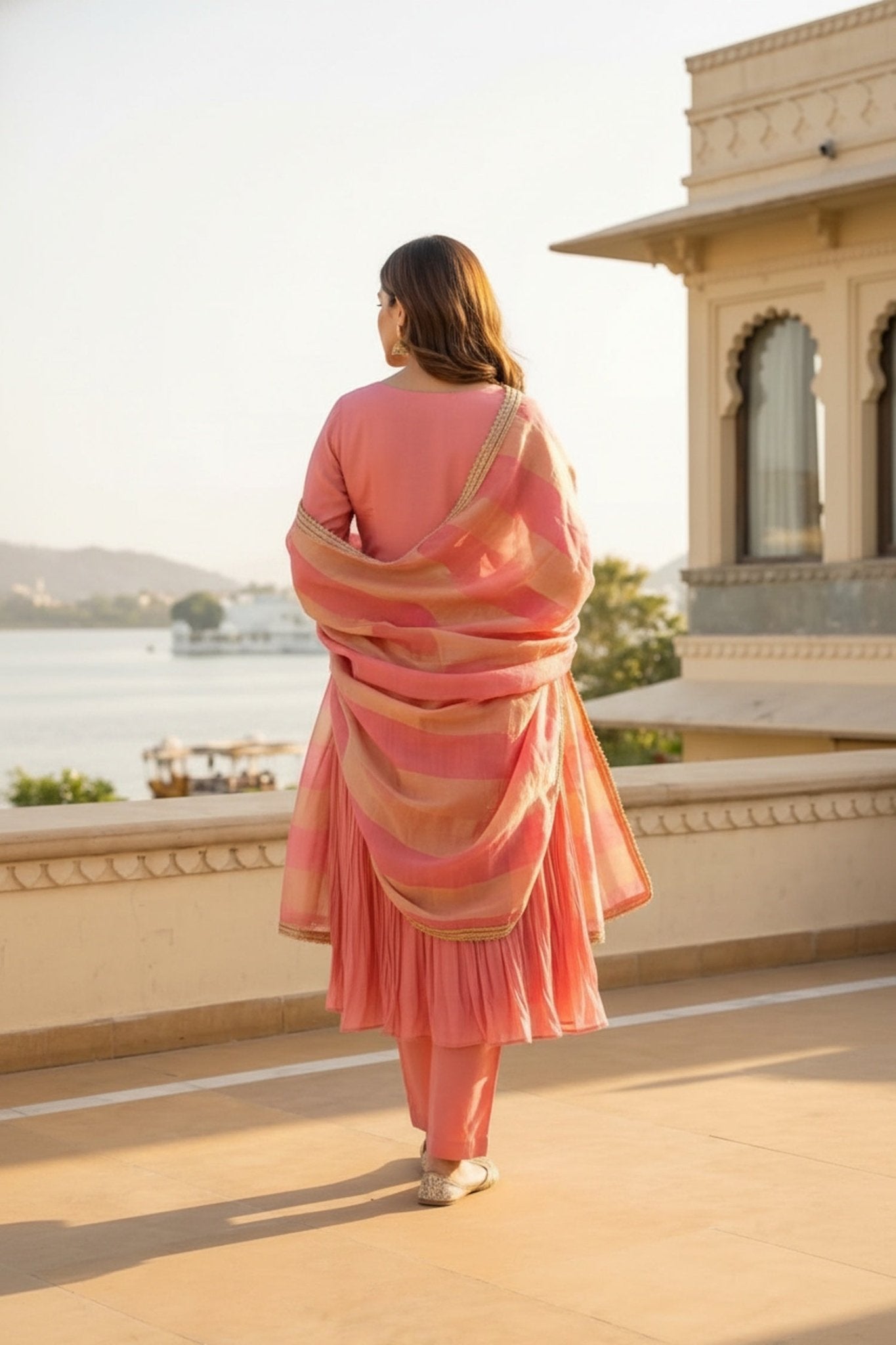 Peach Cotton Three-Piece Set with Thread Embroidery - Freyaa USA & Canada