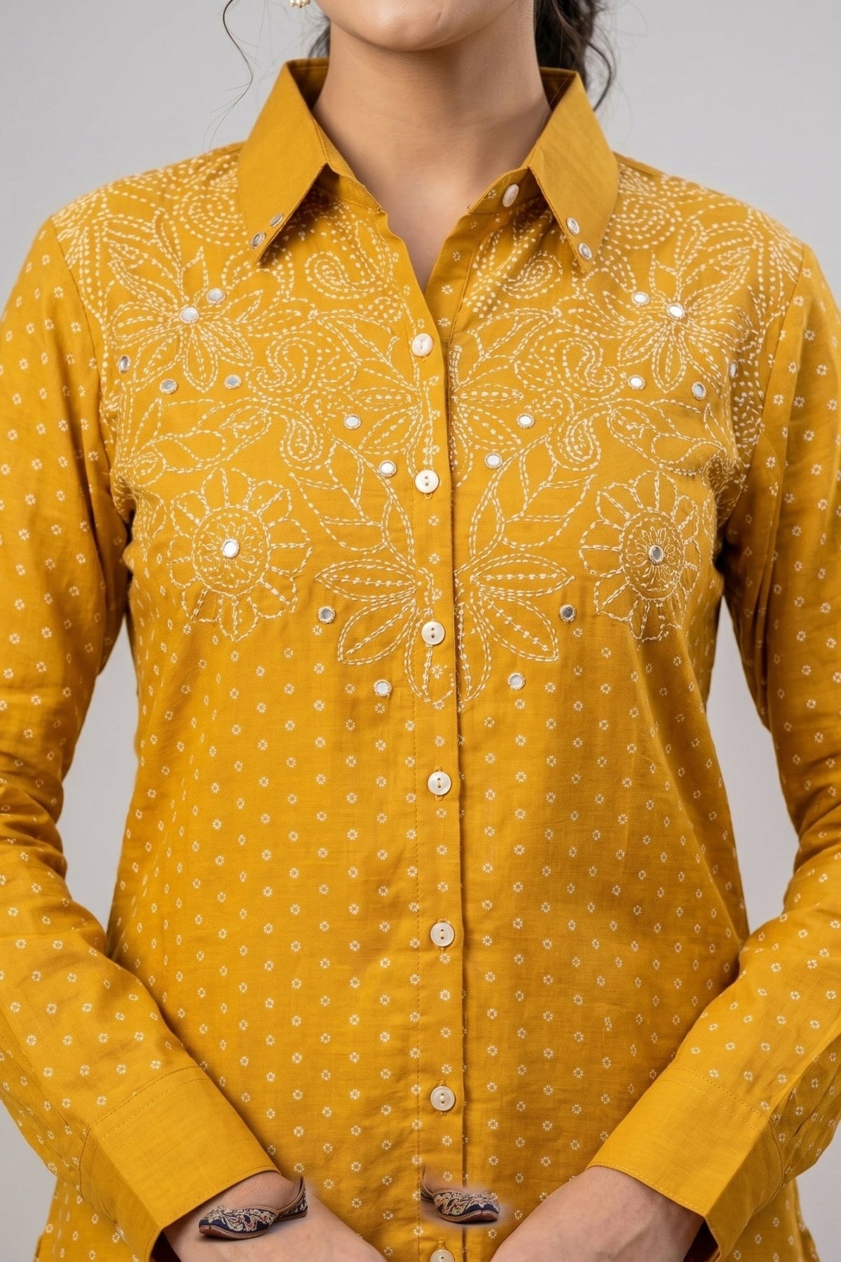 Golden Yellow Bhandhi Crepe Shirt - Freyaa USA & Canada