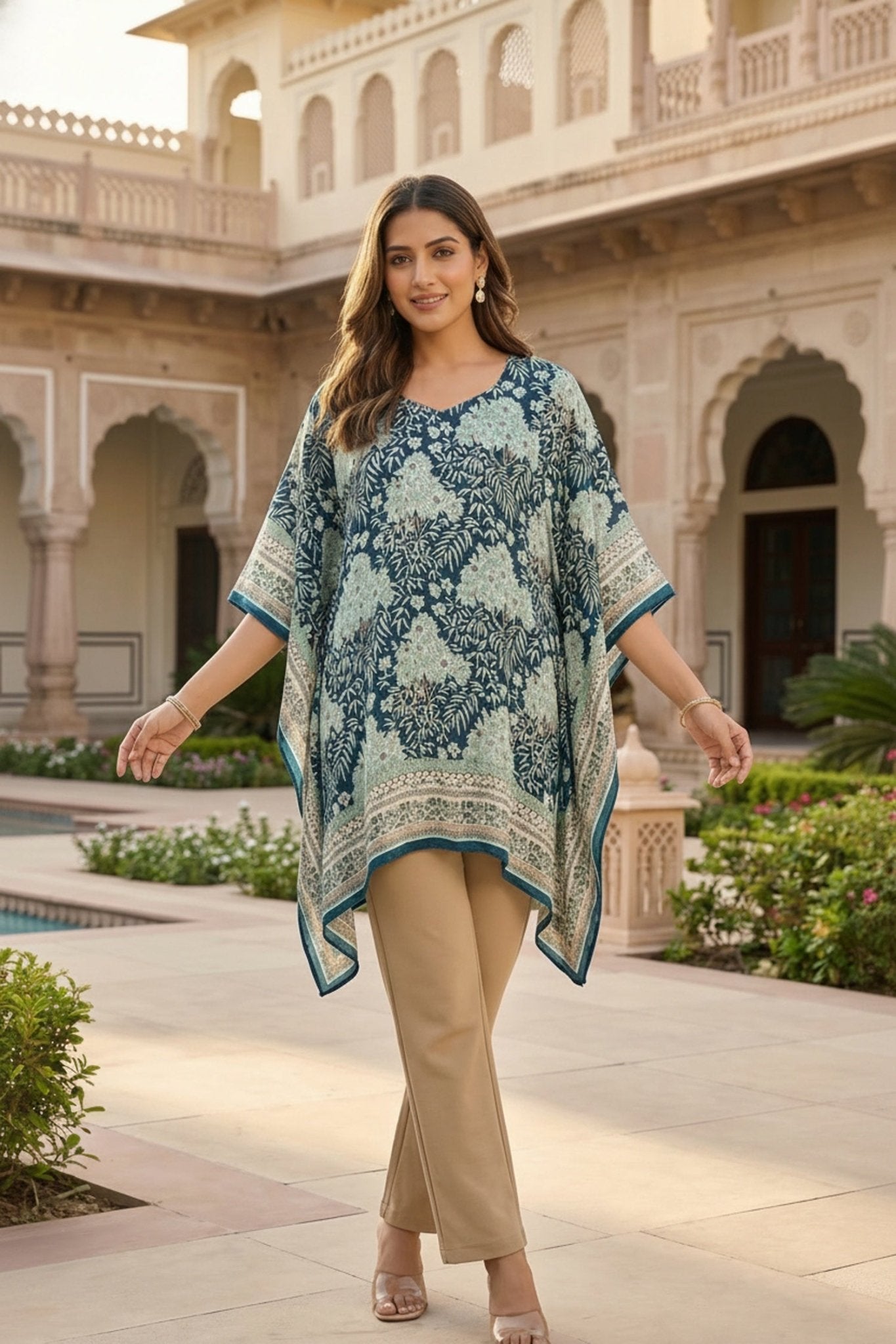 Blue Printed Viscose Short Kaftan - Freyaa USA & Canada
