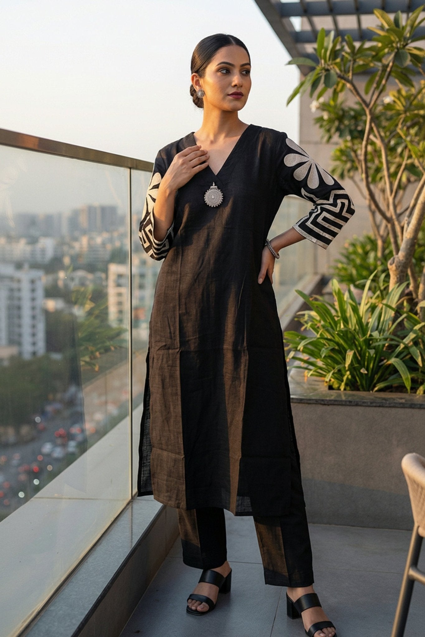 Black Elegance Cotton Cord Set with Embroidered Sleeves - Freyaa USA & Canada