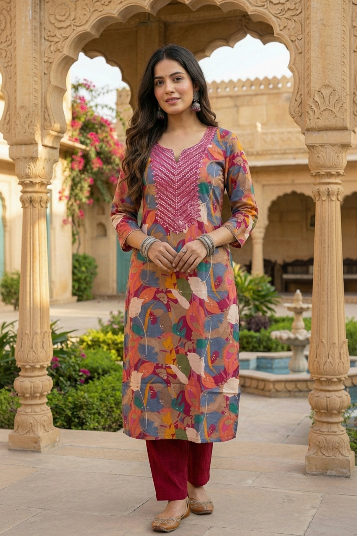 Multicolor Embroidered Cotton Cord Set - Freyaa USA & Canada