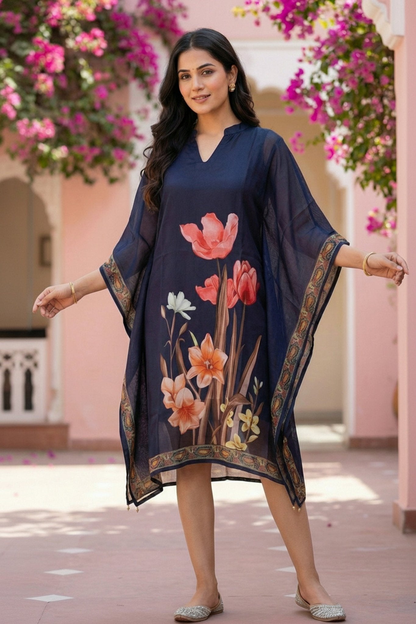 Navy Blue Floral Printed Chinon Short Kaftan - Freyaa USA & Canada