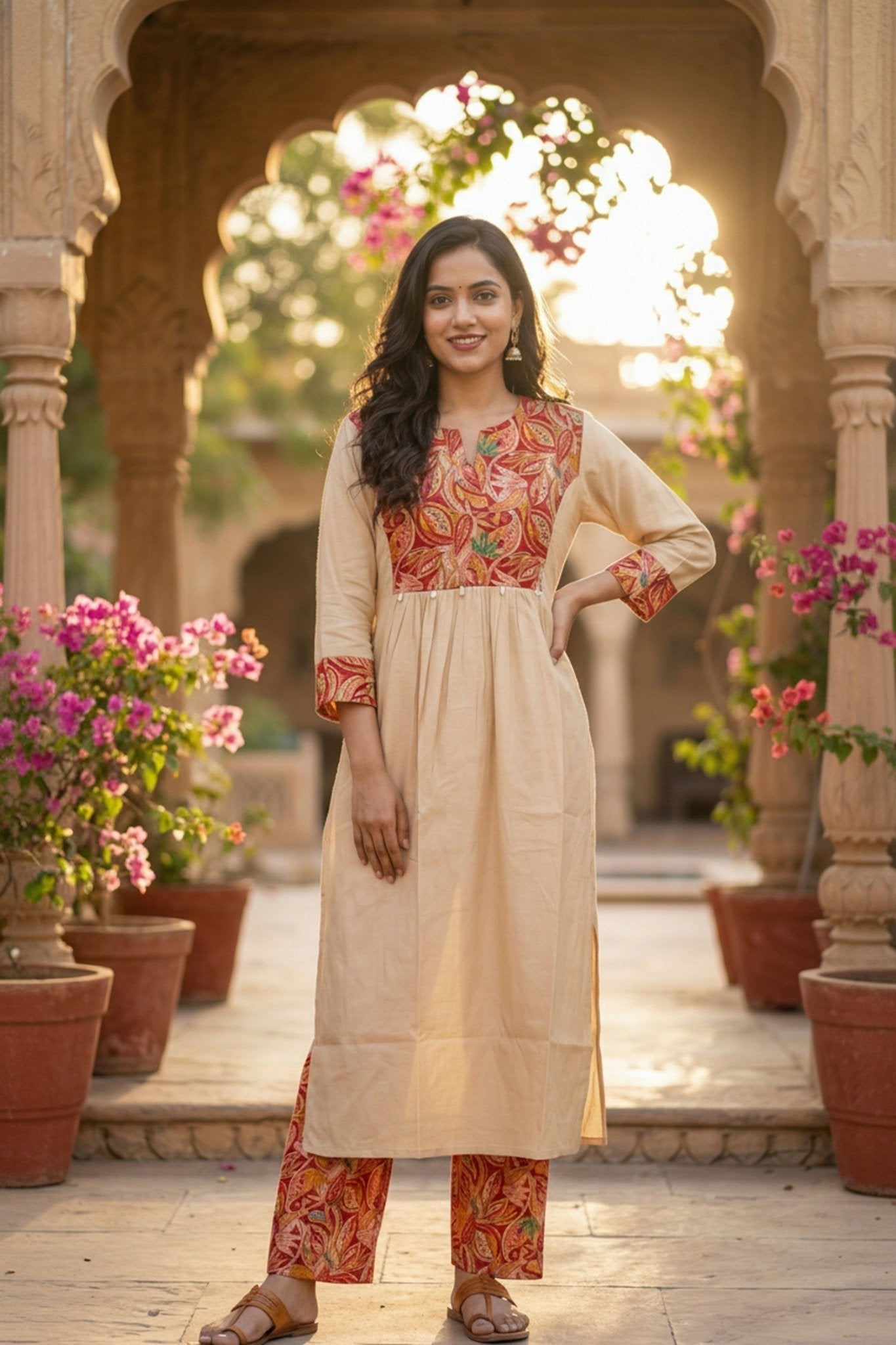 Beige Printed Cotton Co-ord Set - Freyaa USA & Canada