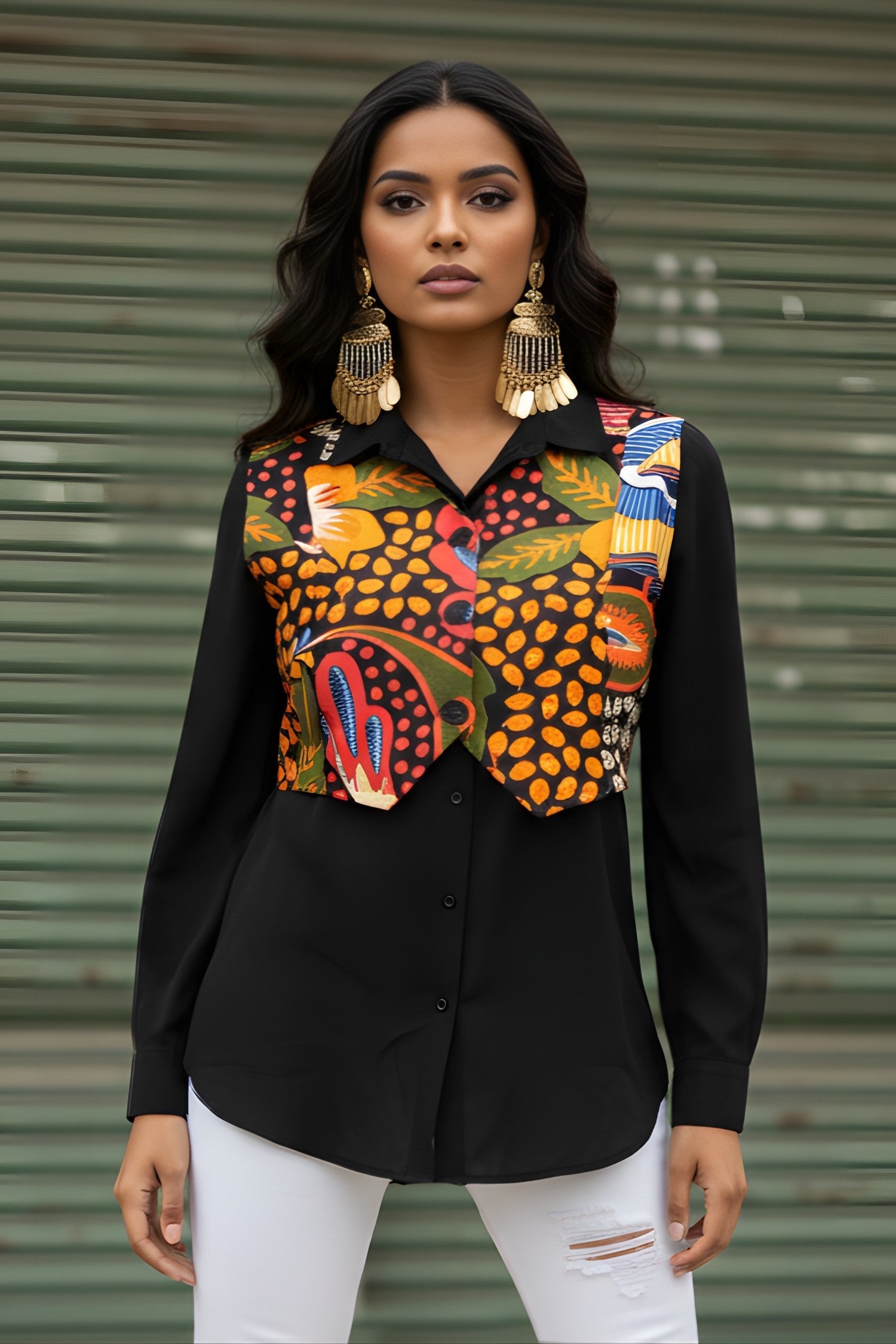 Black Shirt with Printed Cropped Jacket