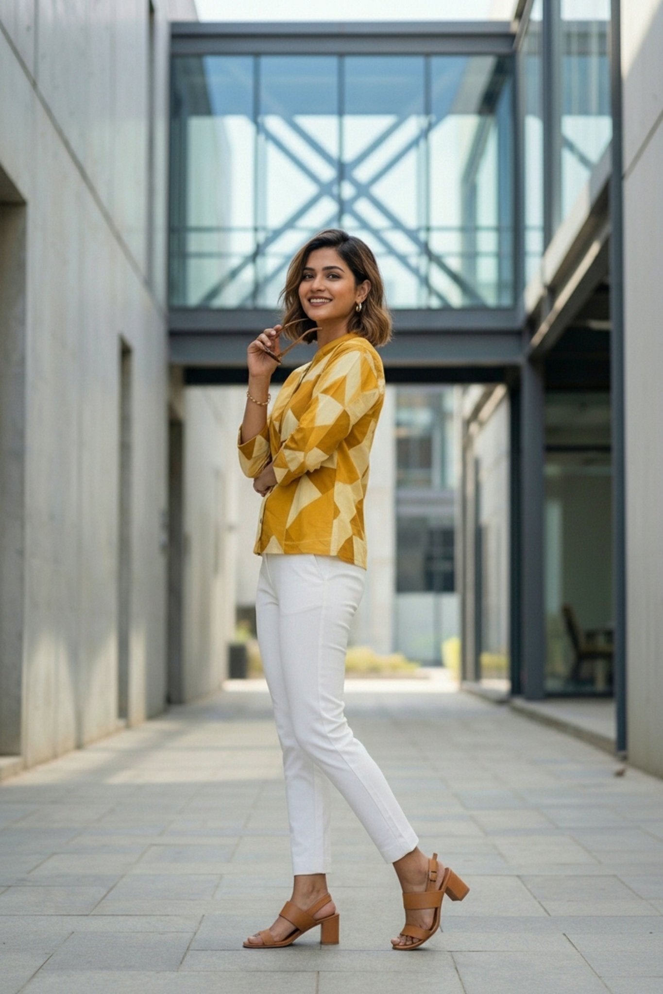Yellow Bold Checks Cotton Short Kurti Top - Freyaa USA & Canada