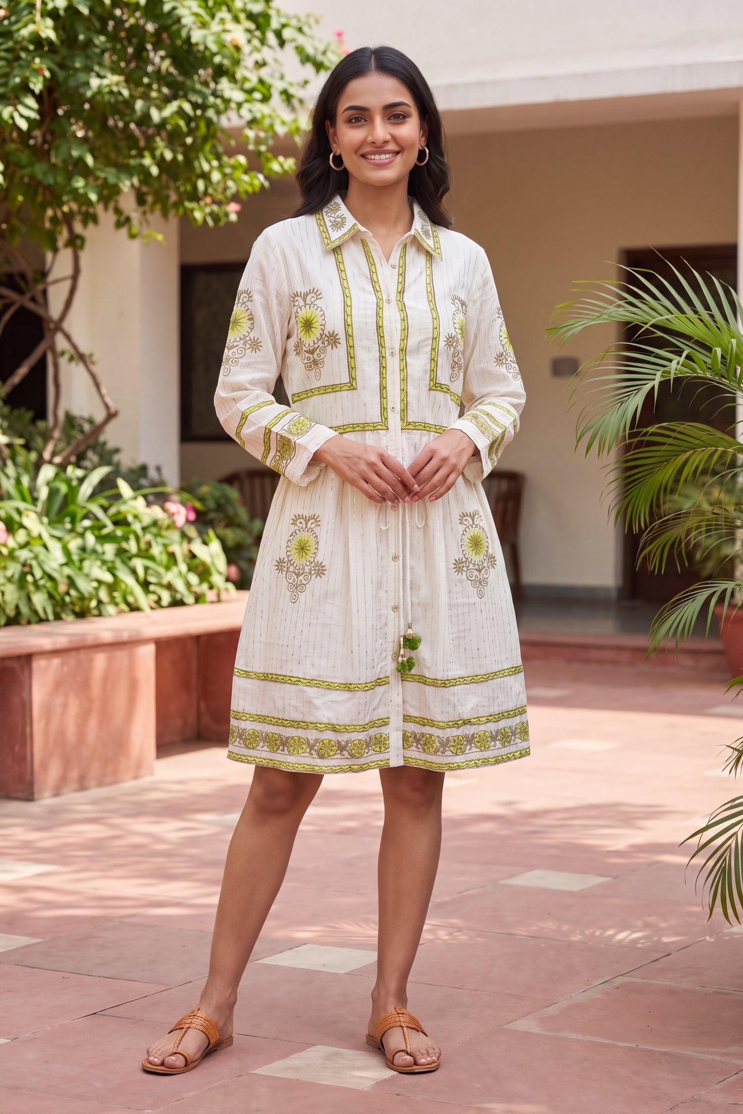 Ivory Lime Floral Embroidered Tunic Dress