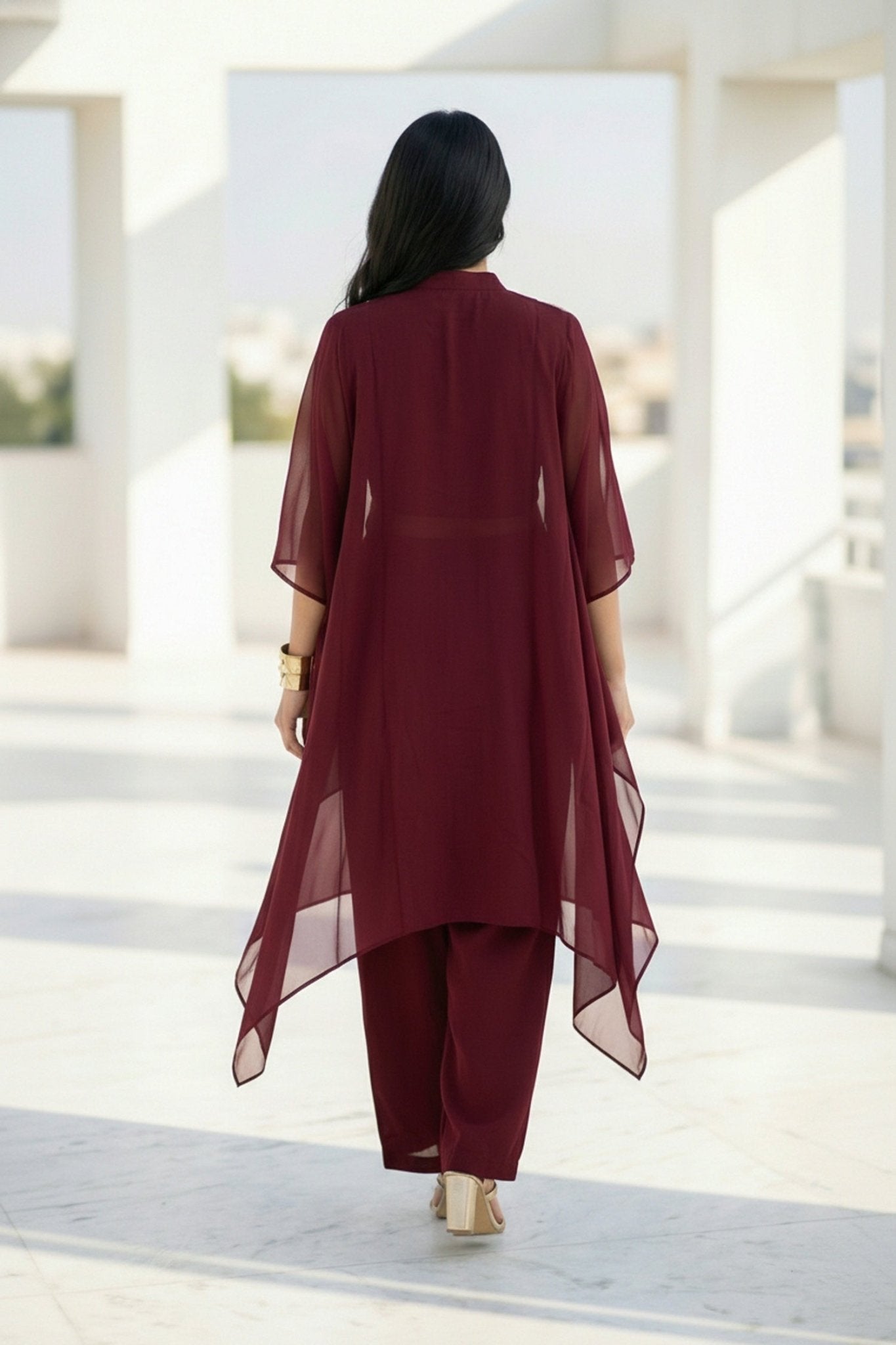 Maroon Charm Embroidered Neck Co-ord Set - Freyaa USA & Canada