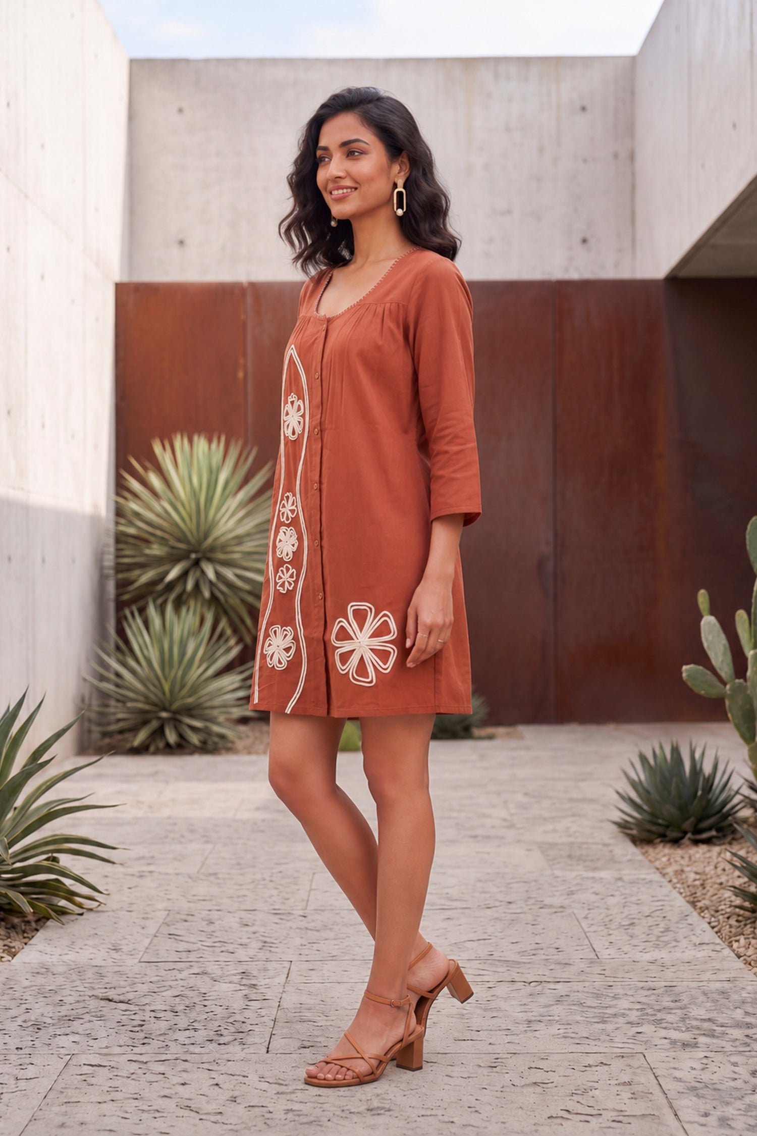 Rust Brown Floral Embroidered Shirt Dress