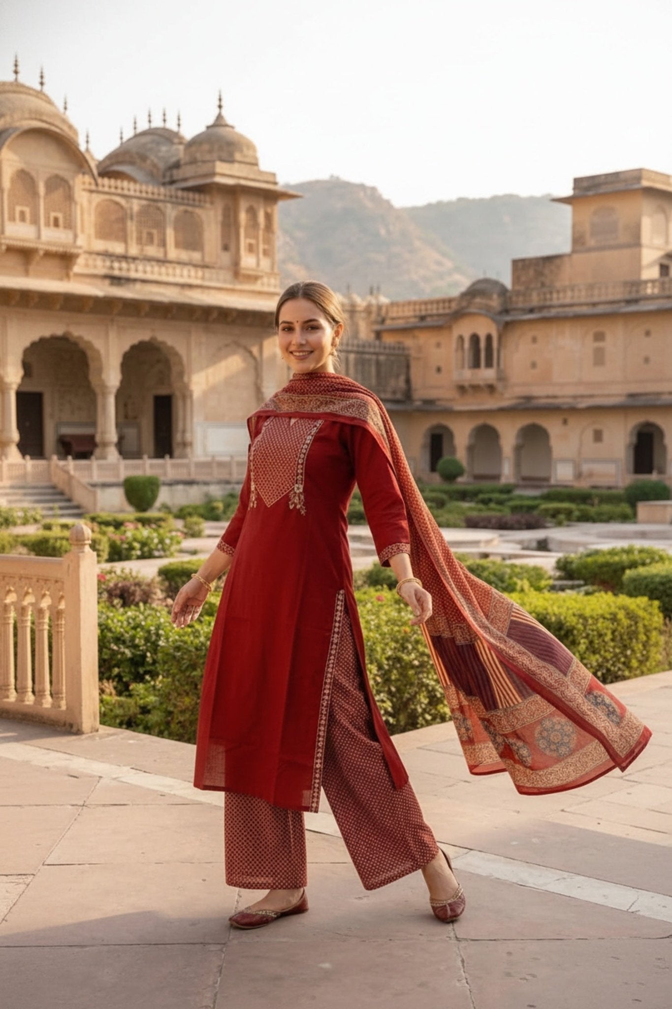 Rust Cotton Three-Piece Set with Modern Print - Freyaa USA & Canada