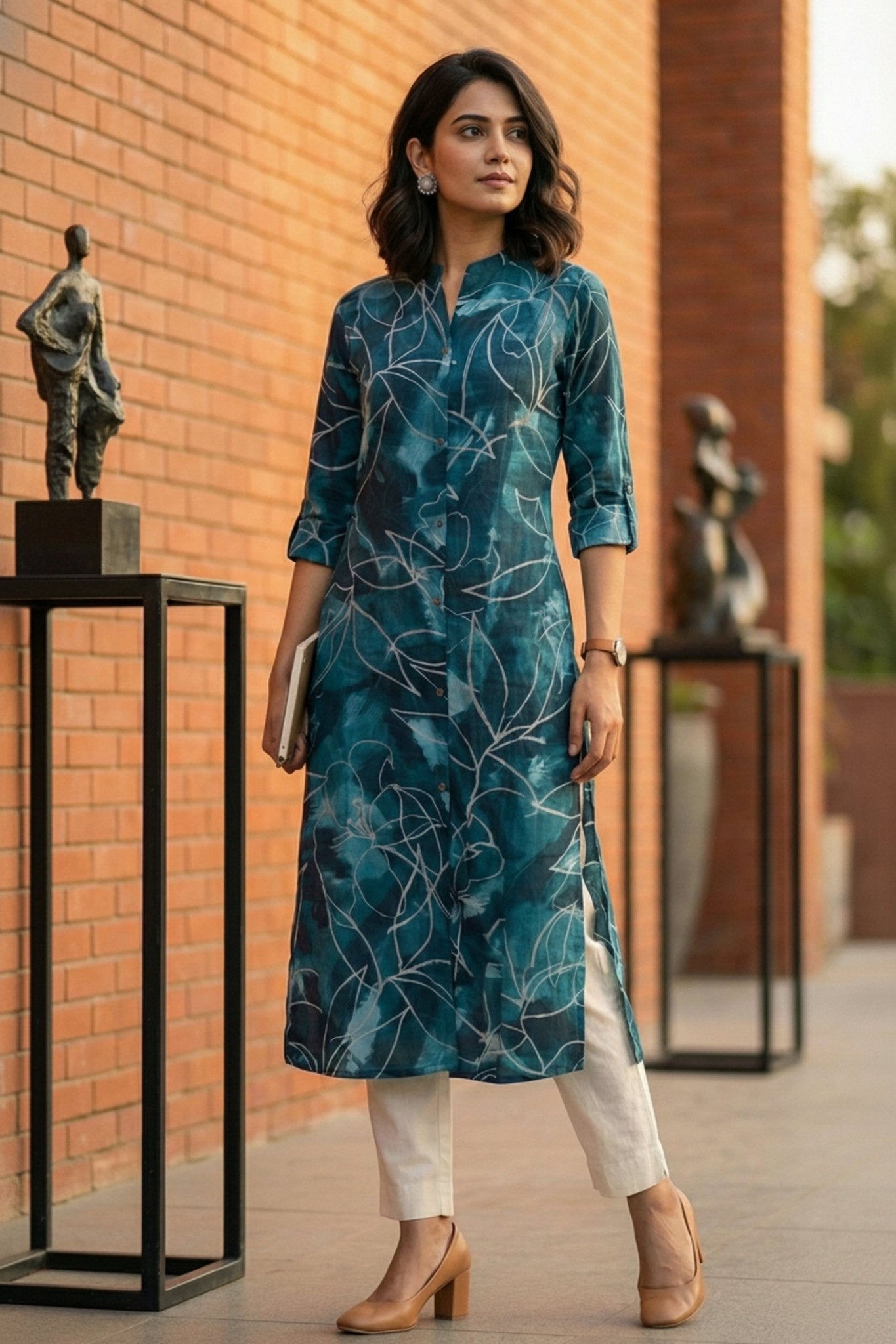 Blue Printed Cotton Long Kurti - Freyaa USA & Canada