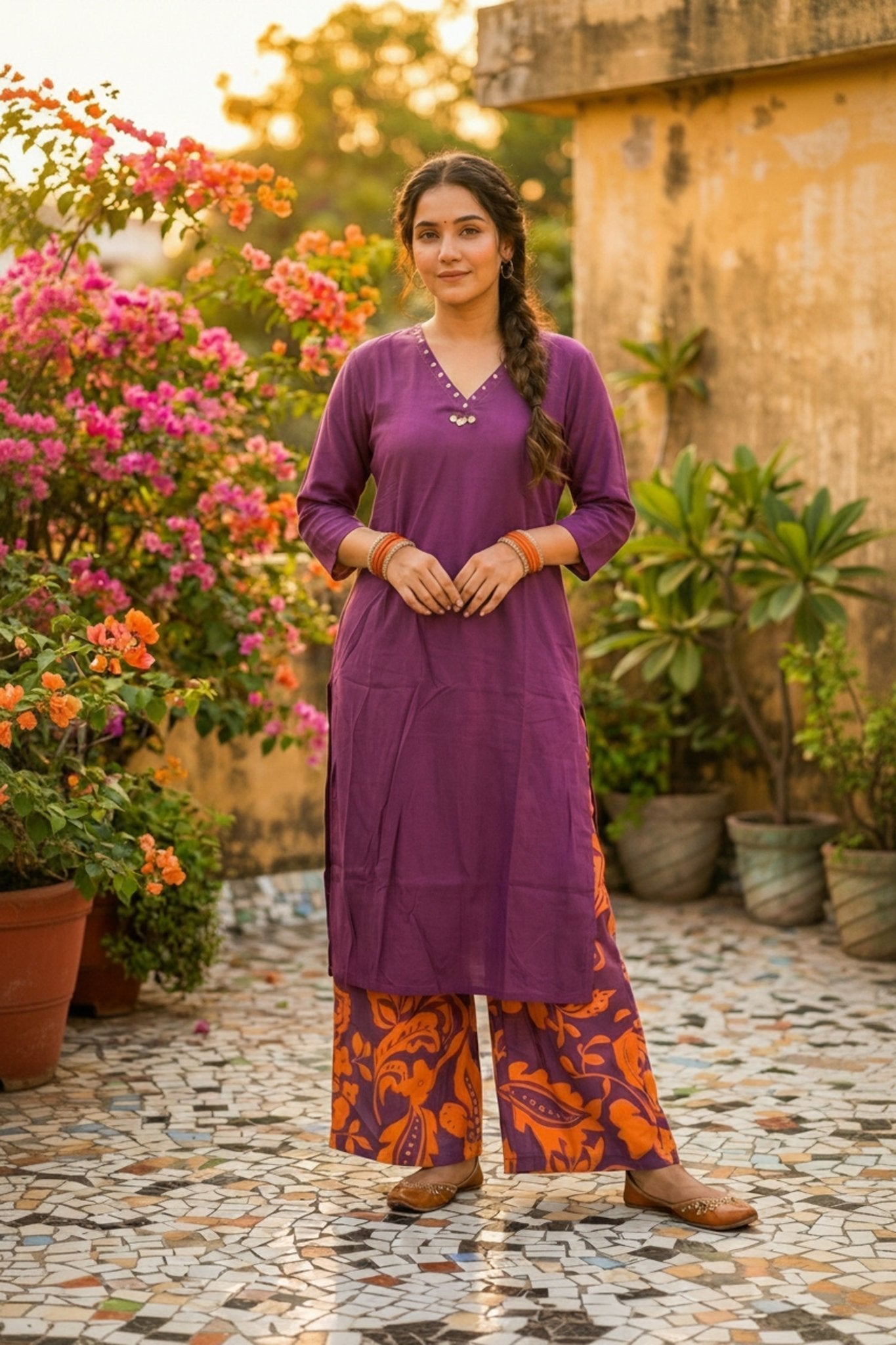 Purple Cotton Co-ord Set with Printed Pants - Freyaa USA & Canada