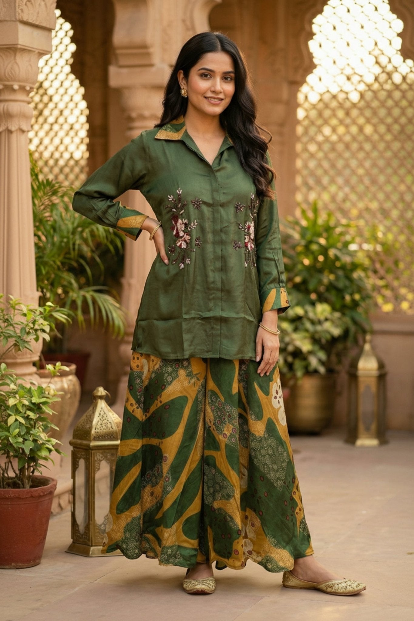 Green Grace Satin Top And Embroidered Cord Set - Freyaa USA & Canada
