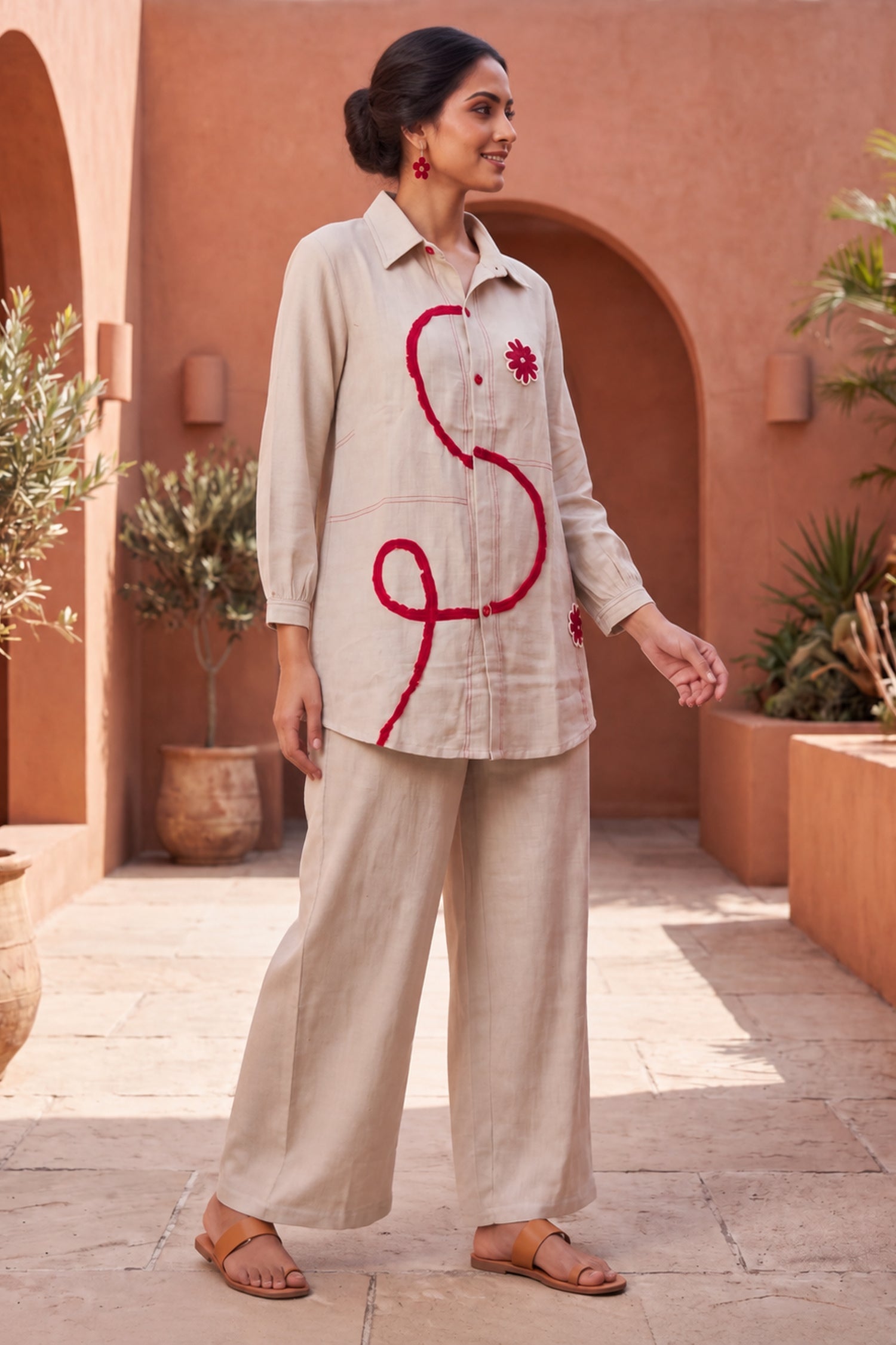 Ivory Crimson Abstract Embroidered CordSet