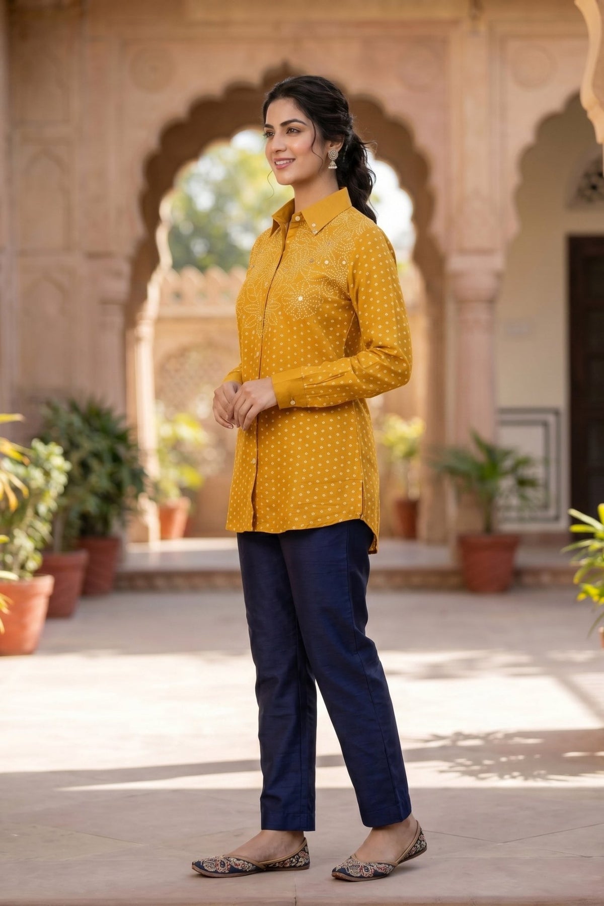 Golden Yellow Bhandhi Crepe Shirt - Freyaa USA & Canada