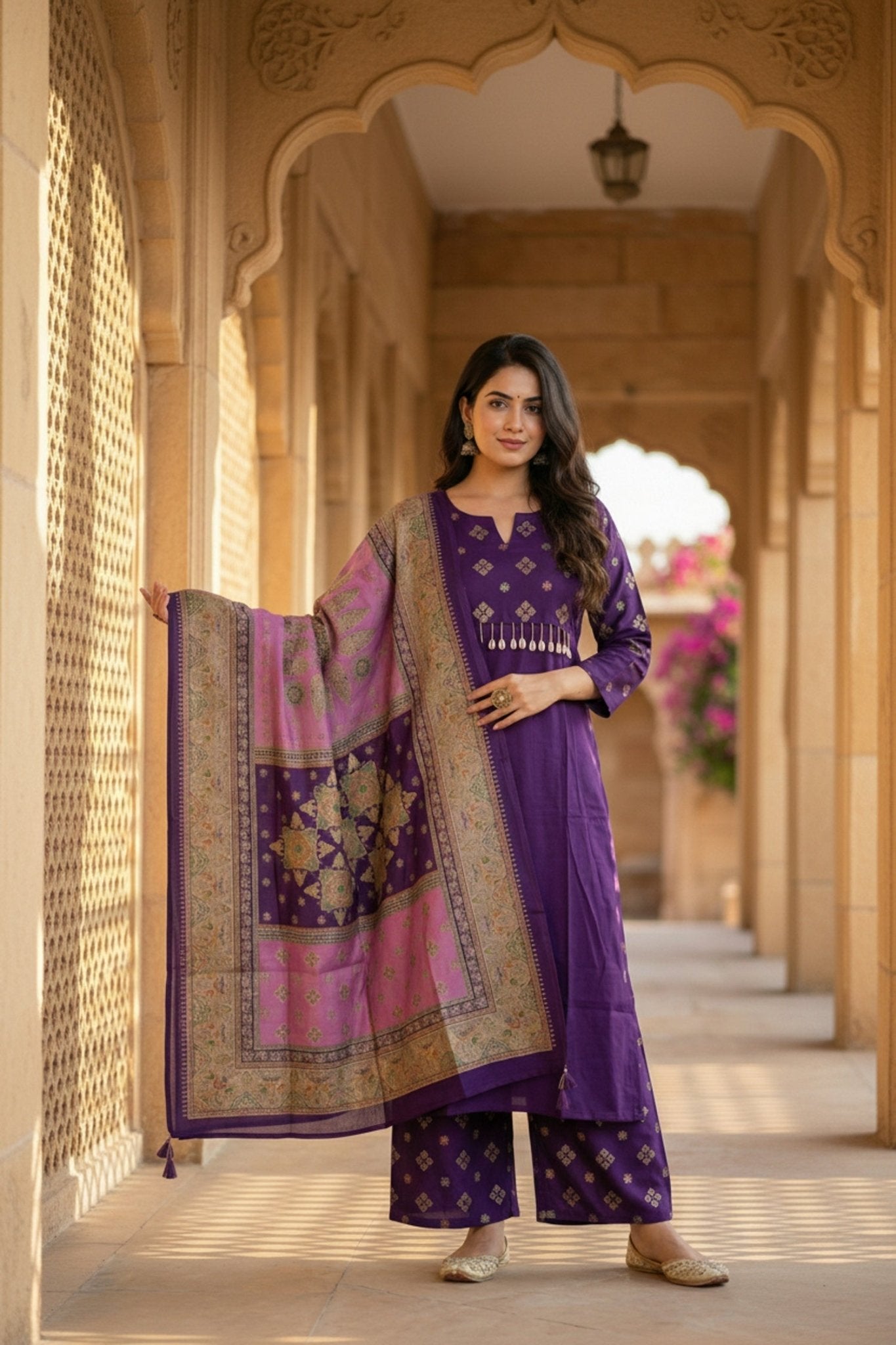 Purple Royale Straight-Cut Embroidered Three Piece Suit Set - Freyaa USA & Canada