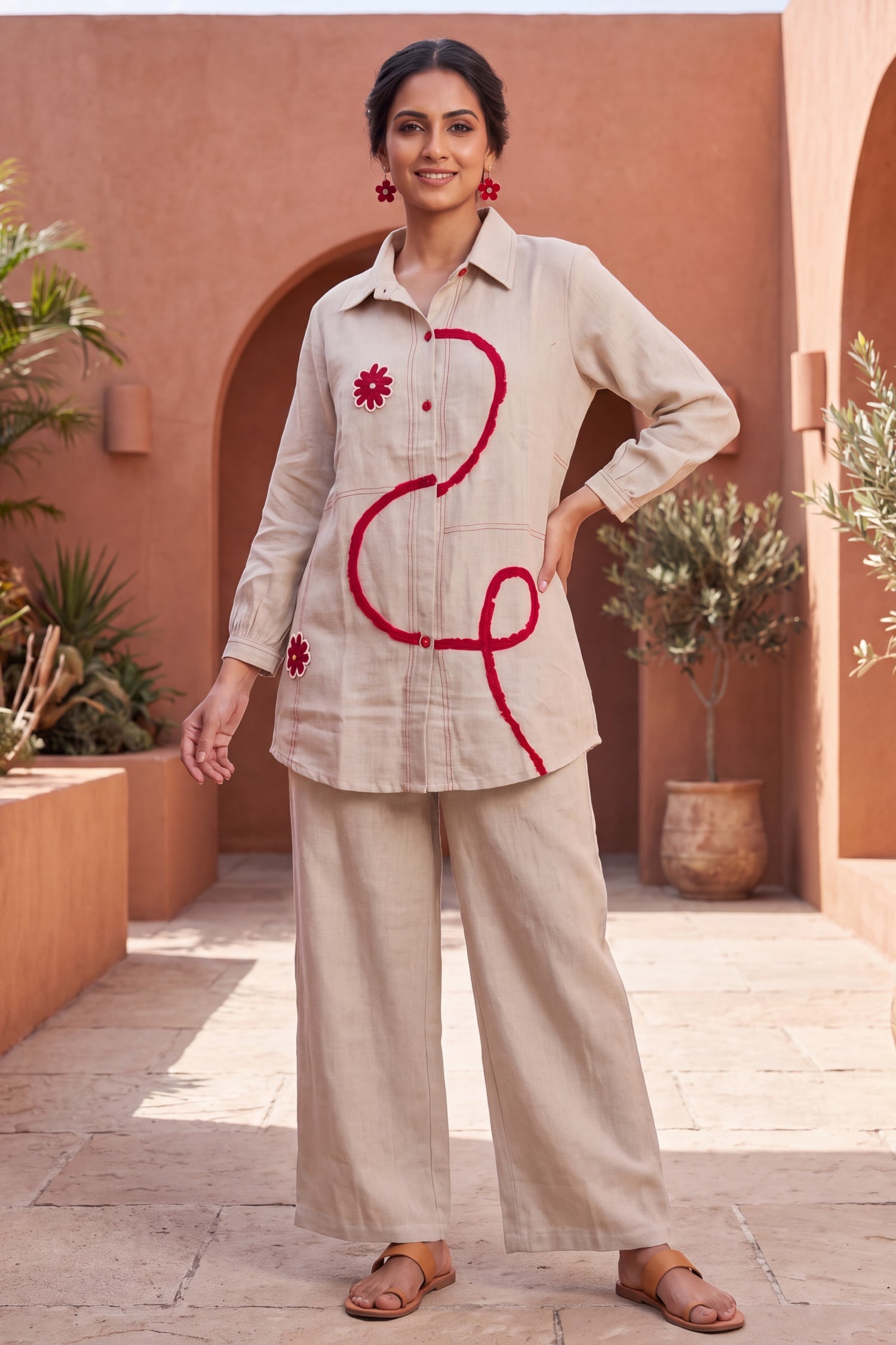 Ivory Crimson Abstract Embroidered CordSet