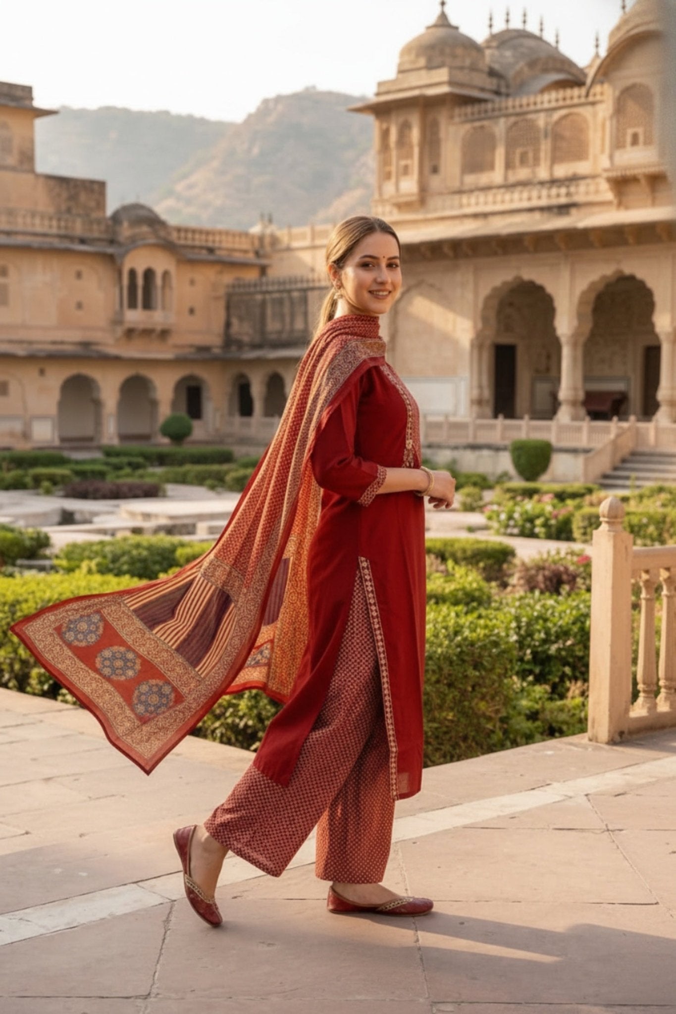 Rust Cotton Three-Piece Set with Modern Print - Freyaa USA & Canada