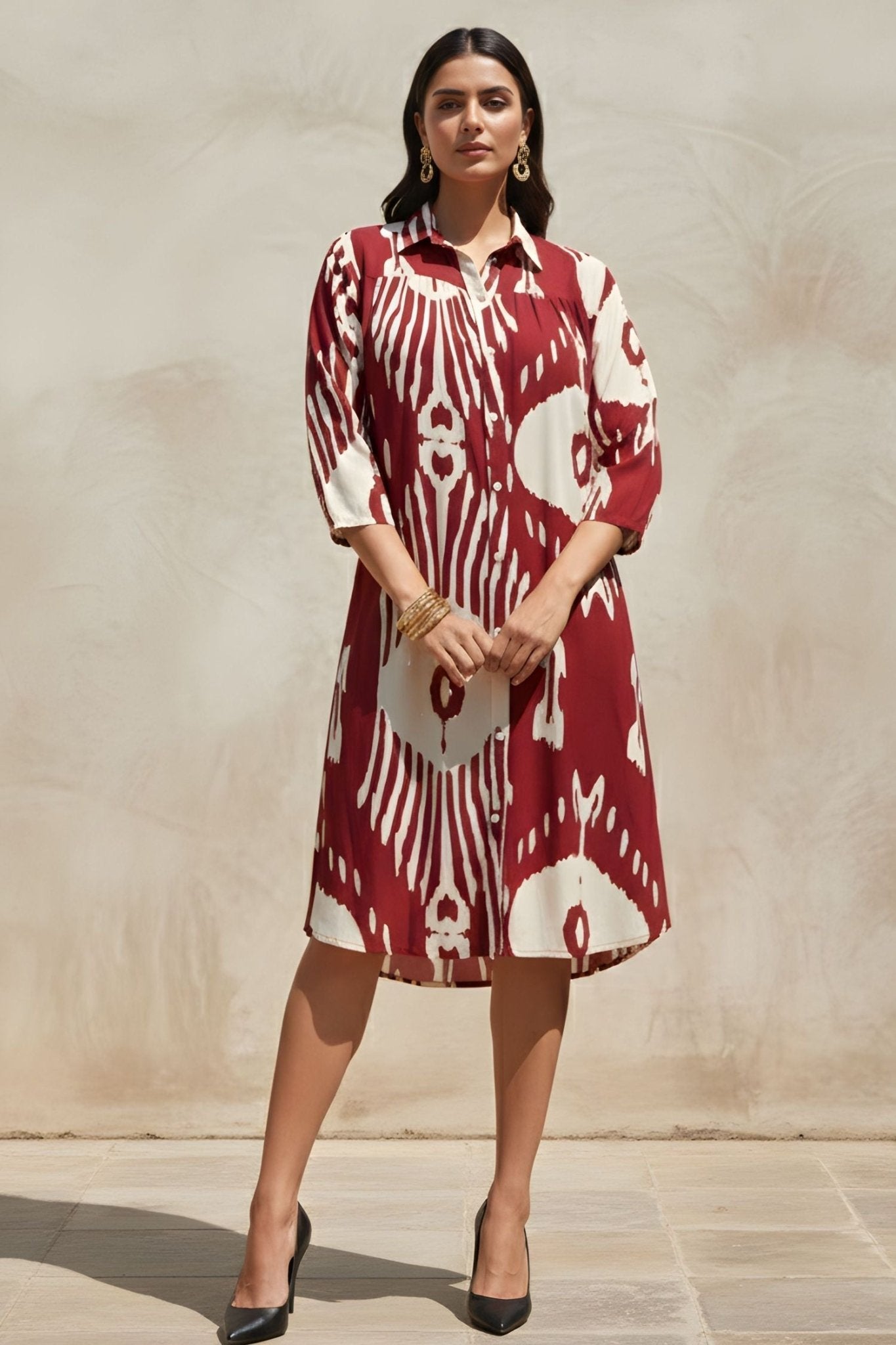 Abstract Printed Maroon Red Shirt Midi Dress - Freyaa USA & Canada