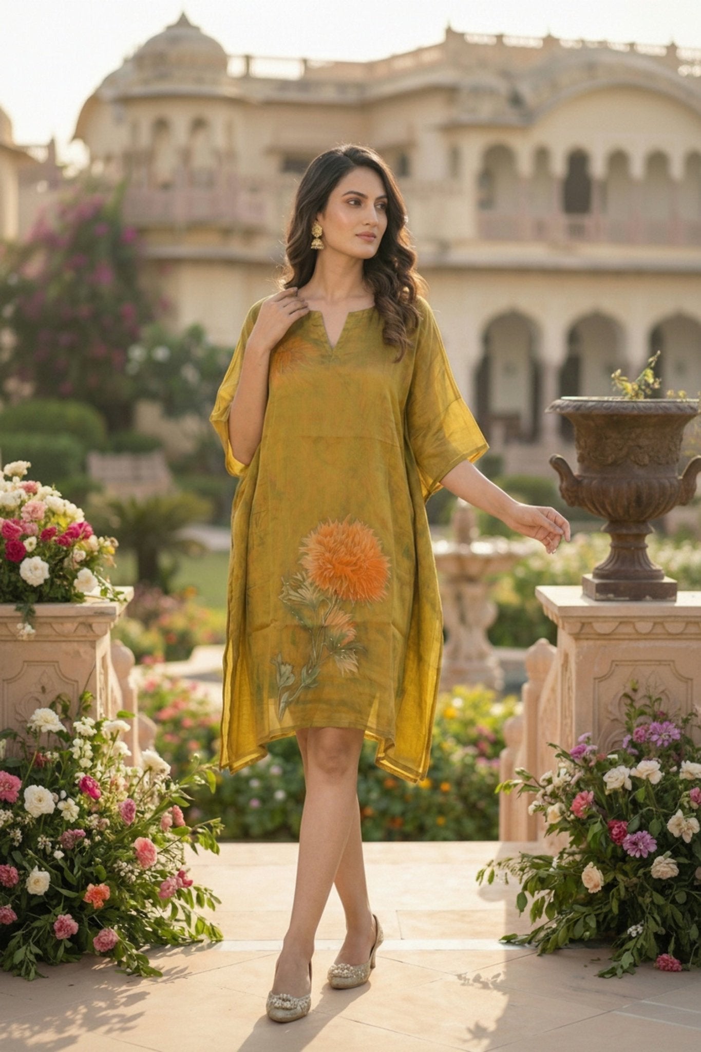 Mehendi Printed Chinon Short Kaftan - Freyaa USA & Canada