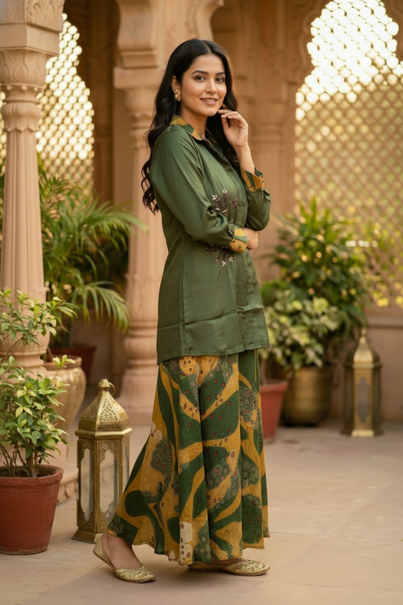 Green Grace Satin Top And Embroidered Cord Set - Freyaa USA & Canada
