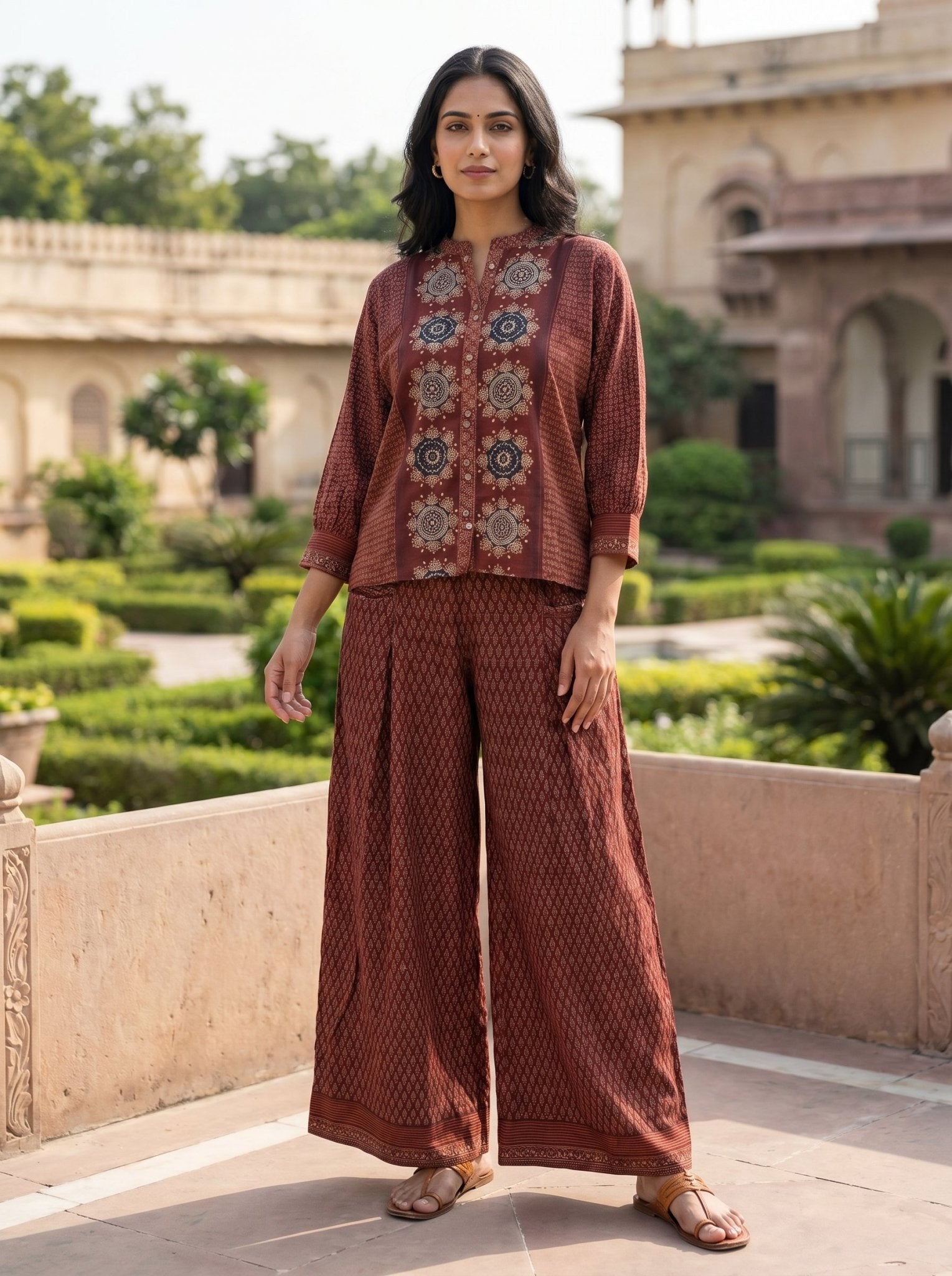 Maroon Abstract Print Co-ord Set - Freyaa USA & Canada