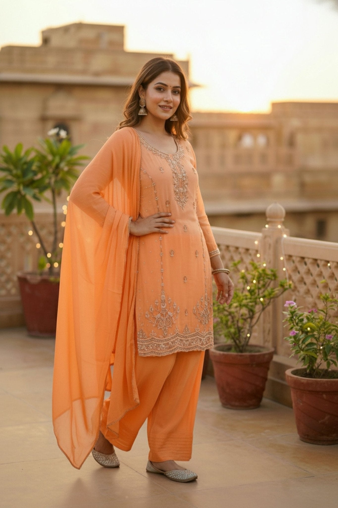 Orange Embroidered Kurta with Salwar & Dupatta - Freyaa USA & Canada