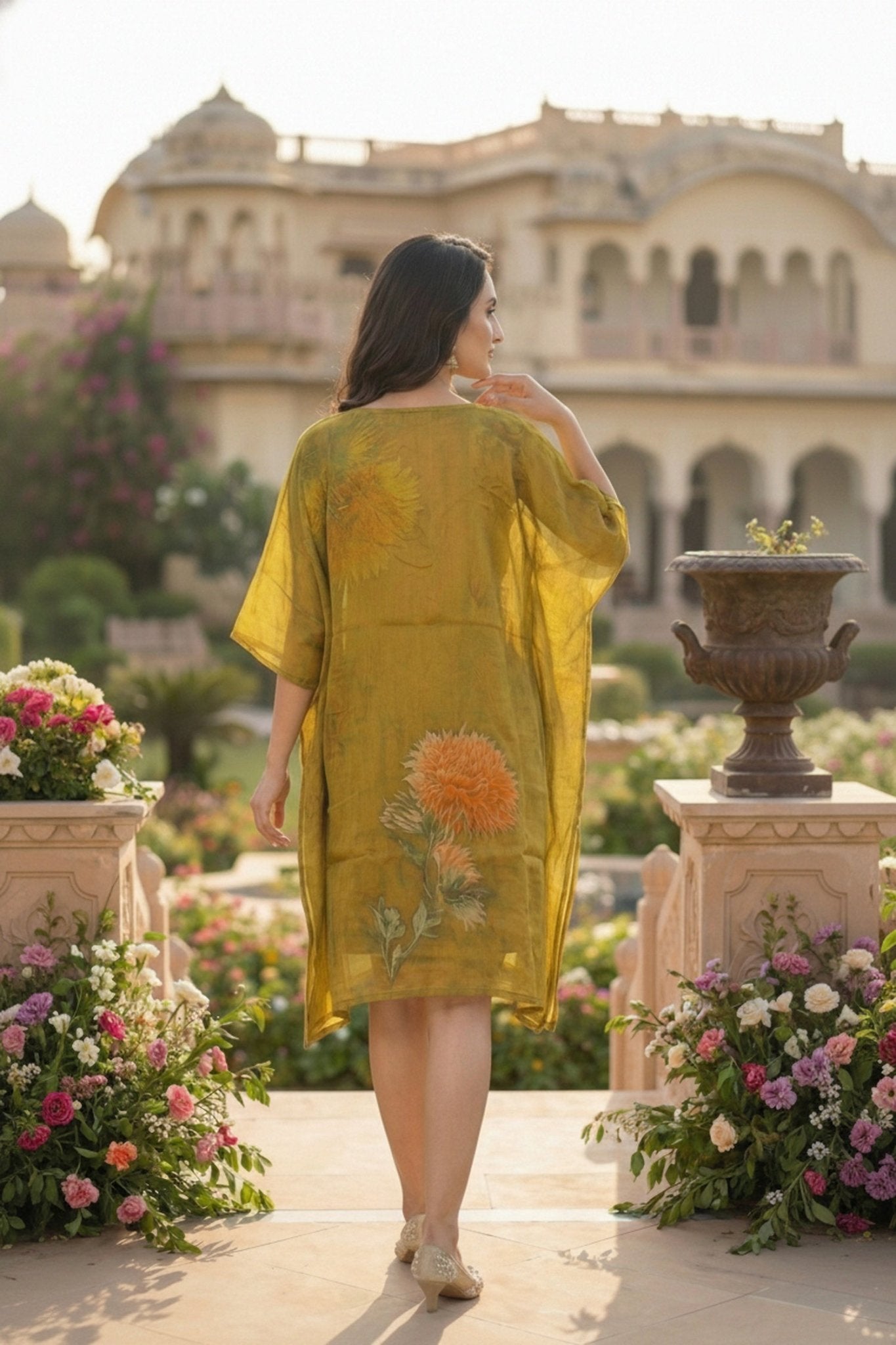 Mehendi Printed Chinon Short Kaftan - Freyaa USA & Canada