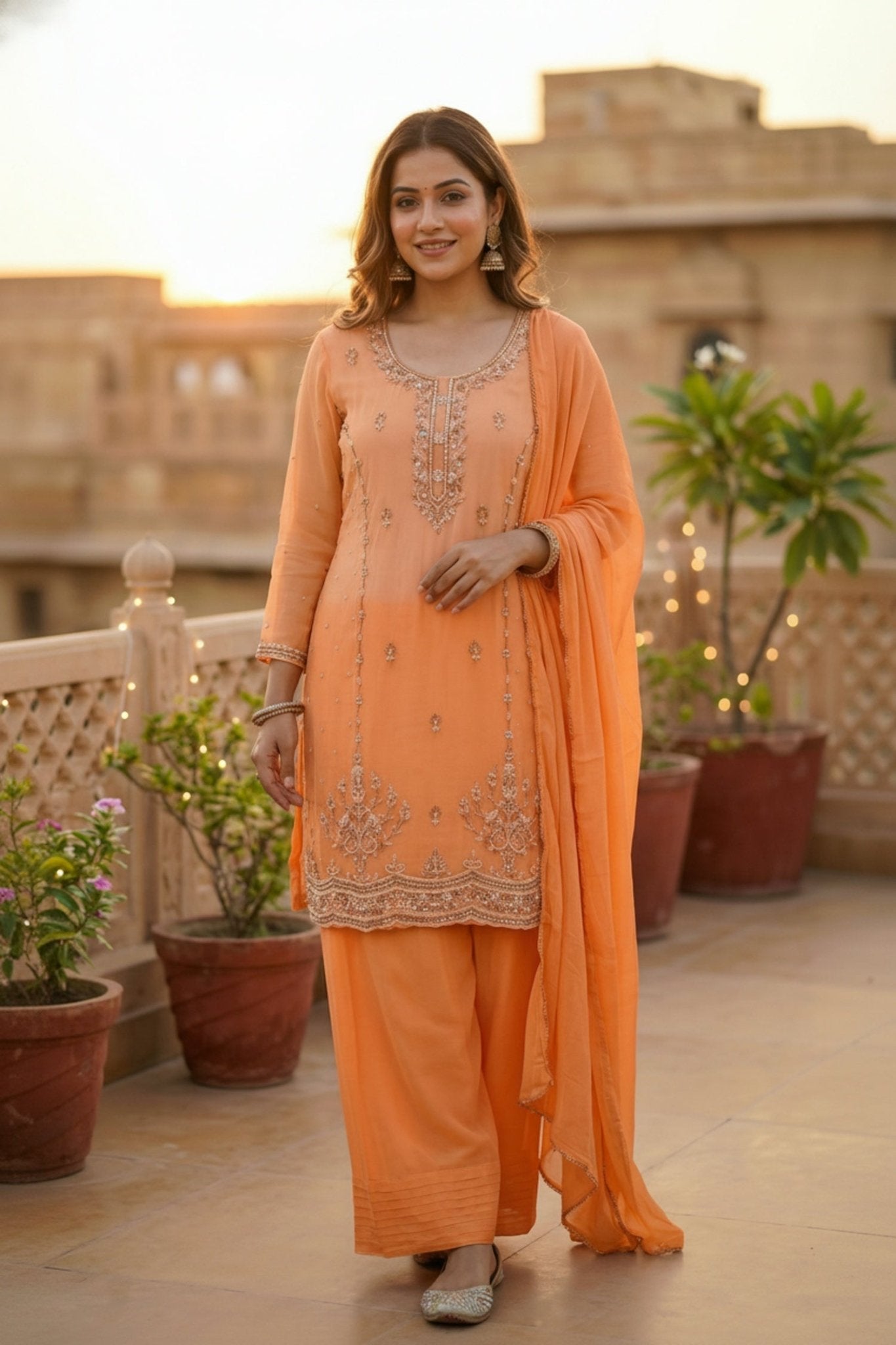 Orange Embroidered Kurta with Salwar & Dupatta - Freyaa USA & Canada