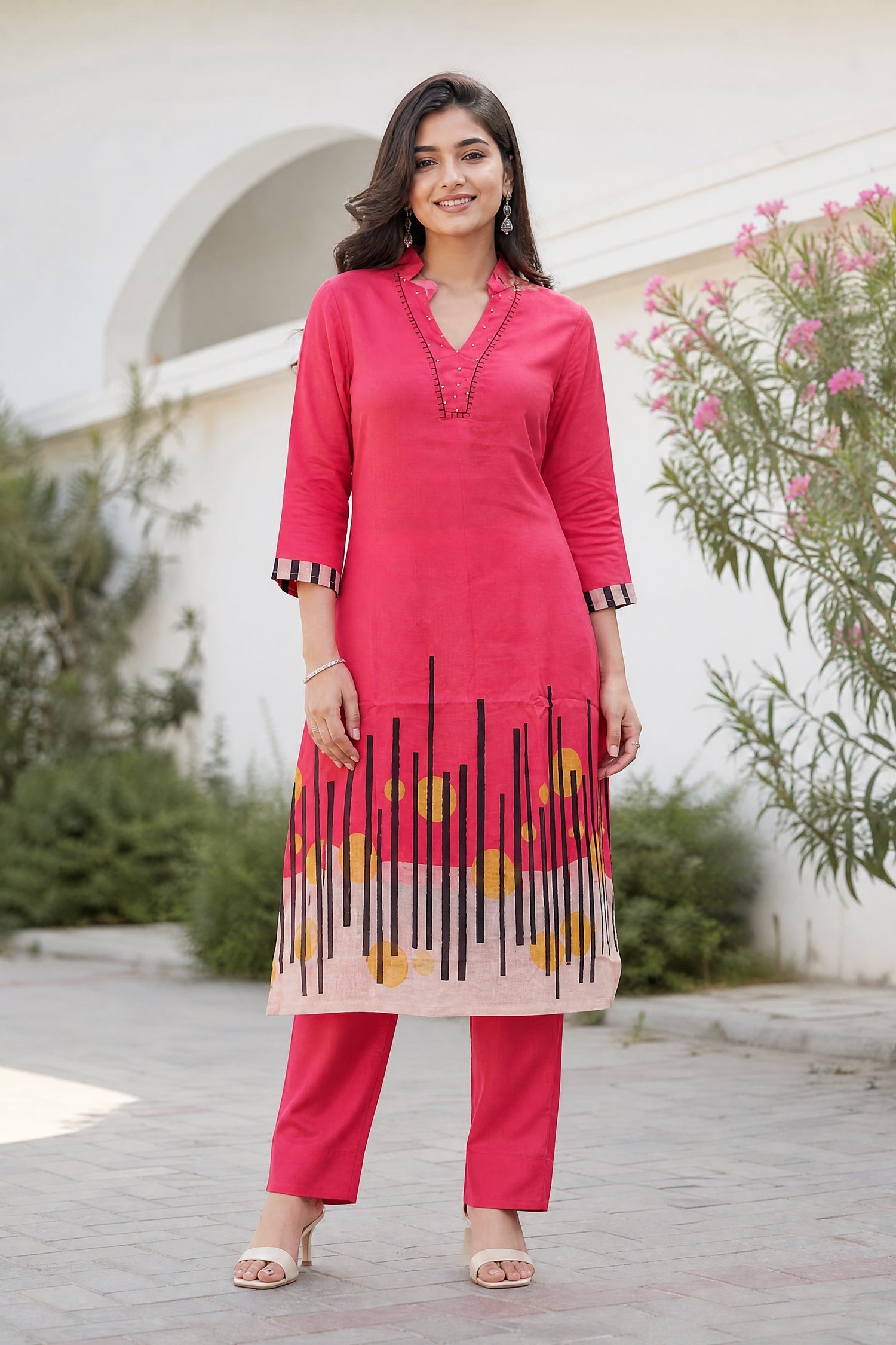 Red Abstract Color Block Printed Kurta & Pant Cotton Co-Ord Set