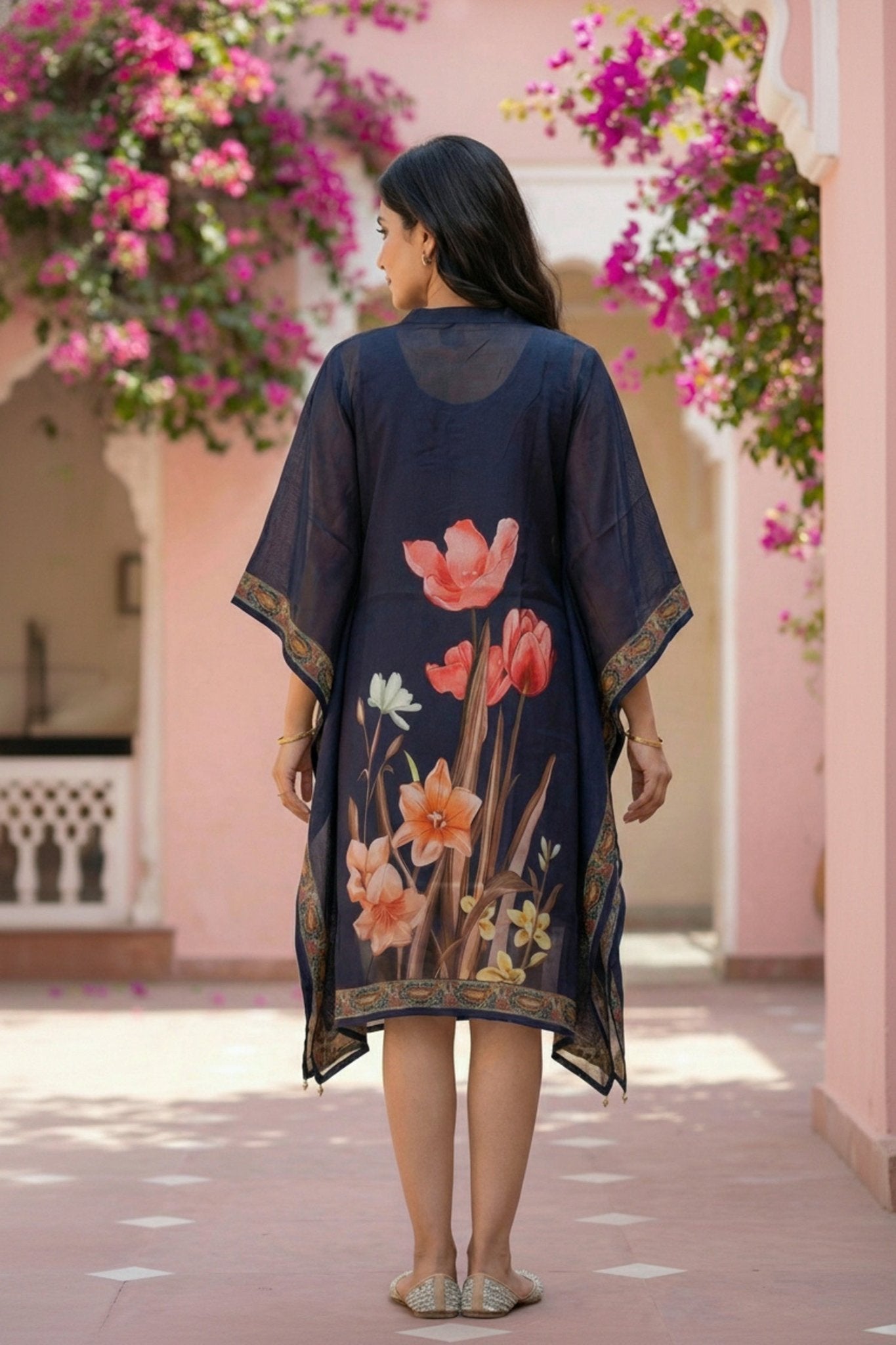 Navy Blue Floral Printed Chinon Short Kaftan - Freyaa USA & Canada